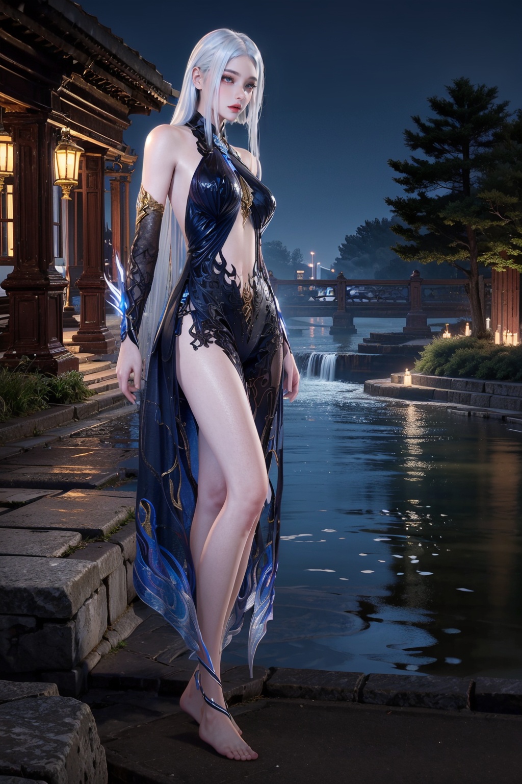 Best quality, masterpiece, ultra high res, (photorealistic:1.1), raw photo, 1girl, mature female, (night:1.2), a cold gaze, barefoot:1.3, jyy, (long white hair:1.2), (solo:1.3), huge breasts, outdoors, (a small stream:1.3), field, rock, <lora:jyy xin_20230822003423-000006:0.8>, dark blue dress, 