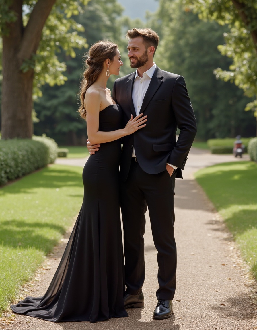 man and woman,suit,dress,full body,looking at viewer,realistic,leather shoes,outdoors,