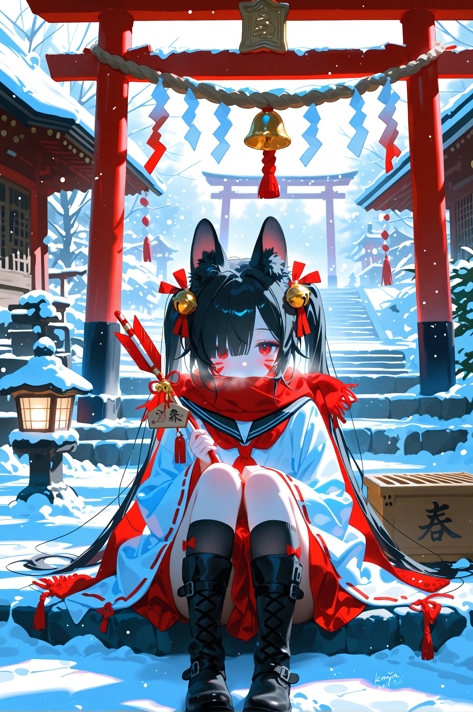konya666, 1girl, bell, solo, sitting, red eyes, black hair, long hair, hair over one eye, ema, scarf, red scarf, shrine, stairs, jingle bell, box, sitting on stairs, snow, miko, snowing, barcode, boots, donation box, long sleeves, tassel, winter, socks, wide sleeves, scarf over mouth, shide, japanese clothes, covered mouth, pom pom (clothes), rope, looking at viewer, black footwear, outdoors, very long hair, new year, blurry, kneehighs, sunlight, shimenawa, hair ornament, ribbon-trimmed sleeves, dated, lantern, ribbon trim, full body, one eye covered, depth of field, holding, black socks, ribbon, neckerchief, sleeves past wrists, skirt, tattoo, twintails, facial mark, artist name, knees up, hamaya, happy new year, light particles, torii, knee boots, sailor collar, talisman, animal ears, red ribbon, hair bell, day, east asian architecture