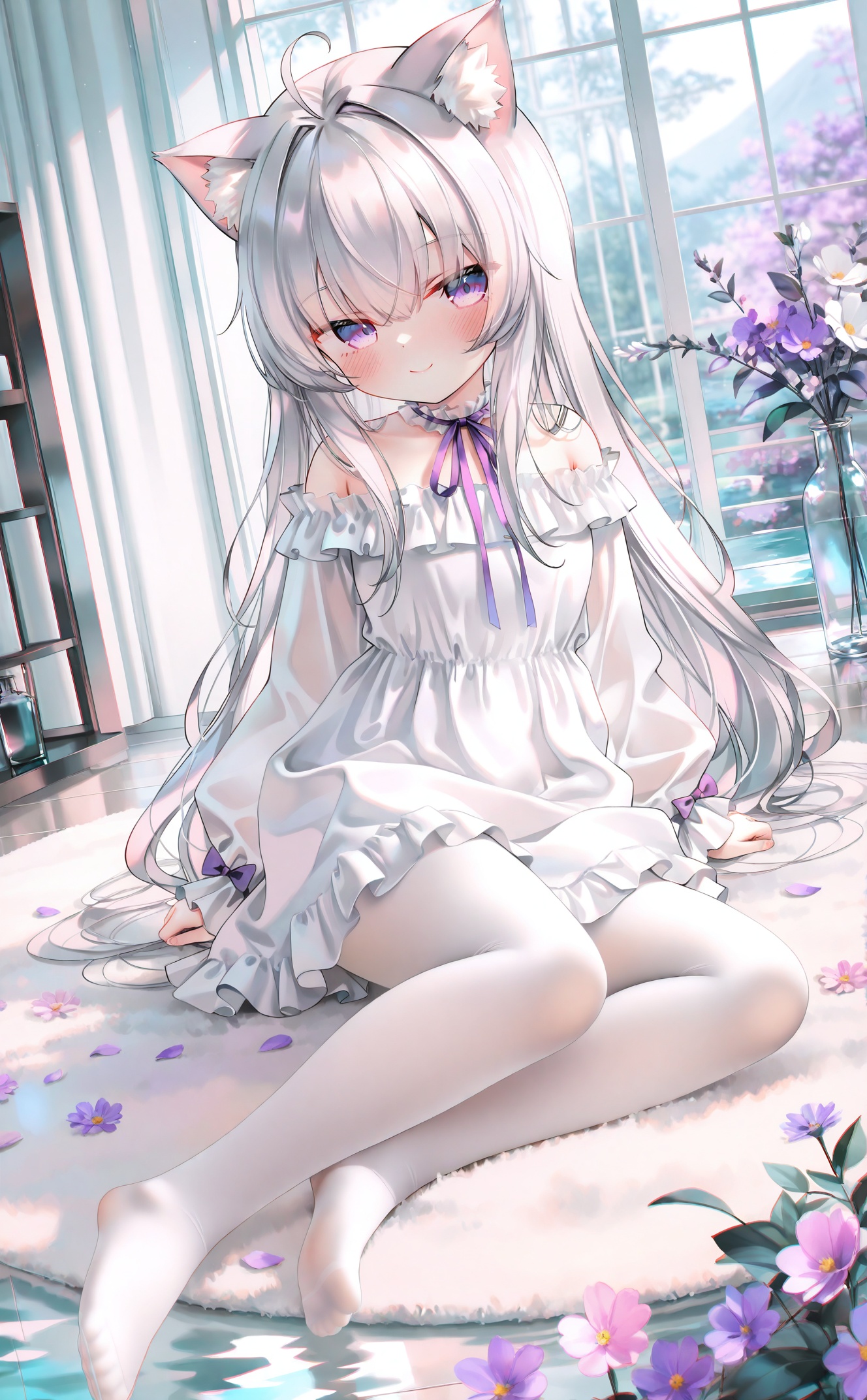 masterpiece,very aware,highres,absurdres,newest,best quality,petite,high quality,chromatic_aberration,cinematic_angle,dutch angle,child,petite,//,high quality,1girl,animal ears,white dress,dress,purple eyes,long hair,solo,white pantyhose,pantyhose,smile,looking at viewer,sitting,long sleeves,blush,animal ear fluff,closed mouth,yokozuwari,off shoulder,ahoge,purple flower,white hair,very long hair,sleeves past wrists,flower,cat ears,off-shoulder dress,bare shoulders,ribbon,no shoes,hair ornament,puffy sleeves,puffy long sleeves,window,full body,pillarboxed,hair between eyes,bow,purple ribbon,water,grey hair,pink flower,petals,frilled dress,cat girl,white flower,frills,sidelocks,bangs,plant,purple bow,indoors,neck ribbon,virtual youtuber,bottle,hair intakes,chen bin