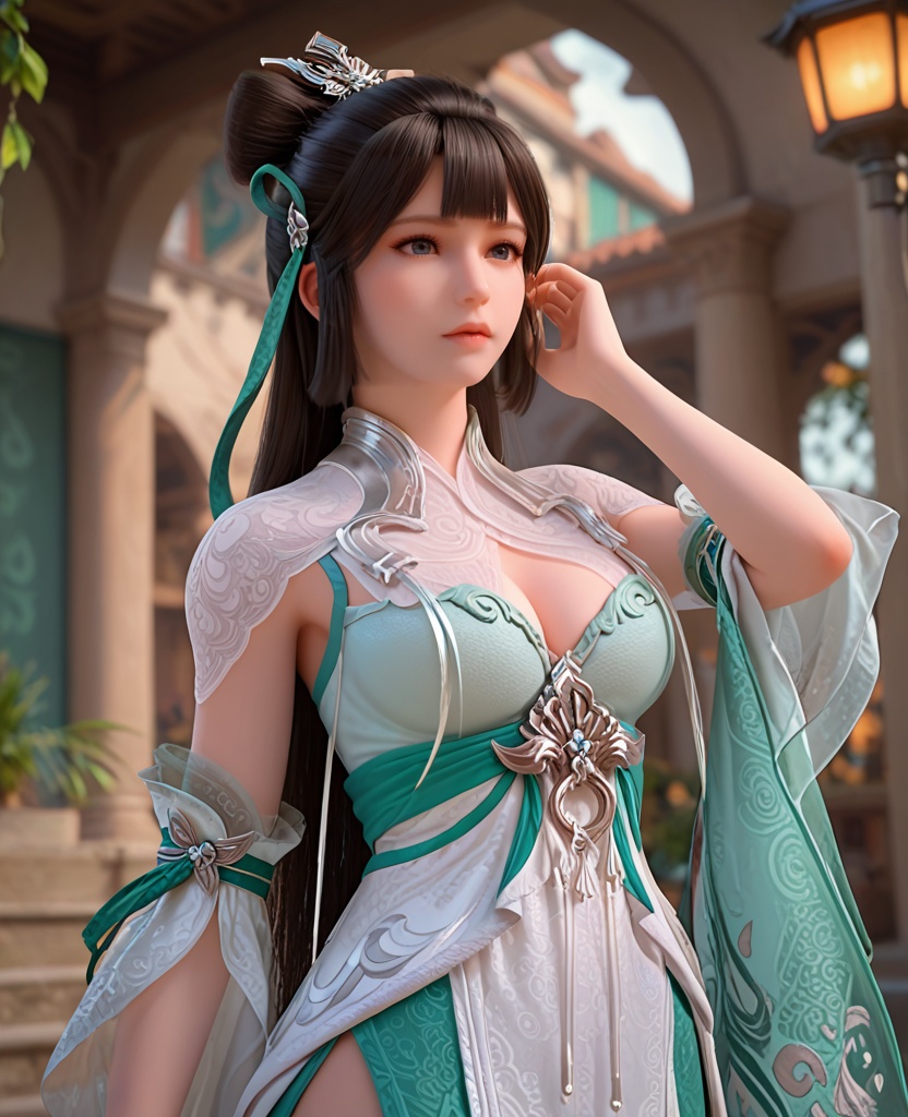 (oriental architecture, elegant decor, sophisticated style:1.1),adjusting hair,(breasts:1.2),<lora:XL完美世界雨紫陌:0.9>,1girl,solo,see-through vest,aloes green corset,green ribbon,detached sleeves,white overskirt,side slit maxiskirt of green,black hair,long hair,hair ornament,hair bun,bangs,cleavage cutout,, zPDXL2, score_9, score_8_up, score_7_up BREAK realistic, masterpiece,best quality, highly detailed,, zPDXL3, zPDXL2,zPDXL, zPDXLxxx, zPDXLrl,