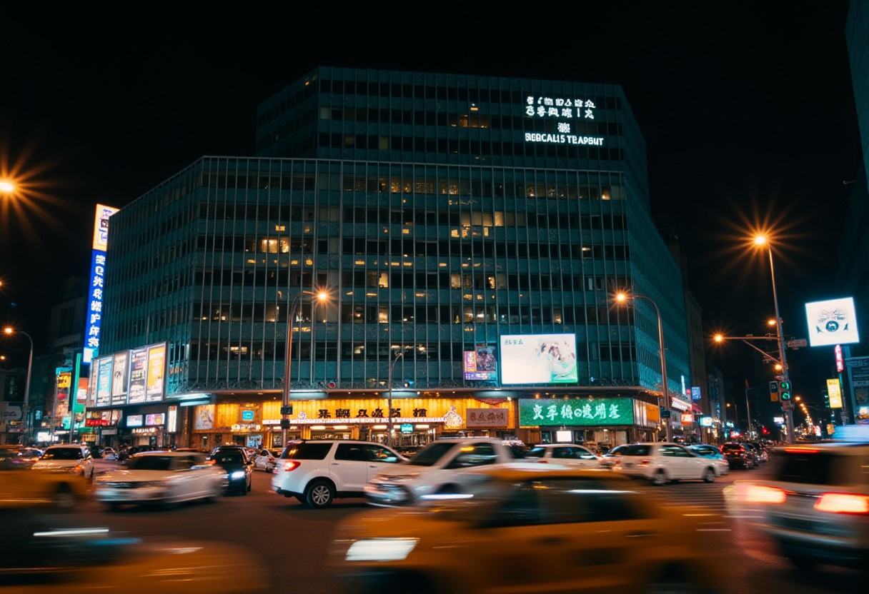 of a bustling urban street scene at night. This photograph captures the vibrant energy of a cityscape illuminated by neon...