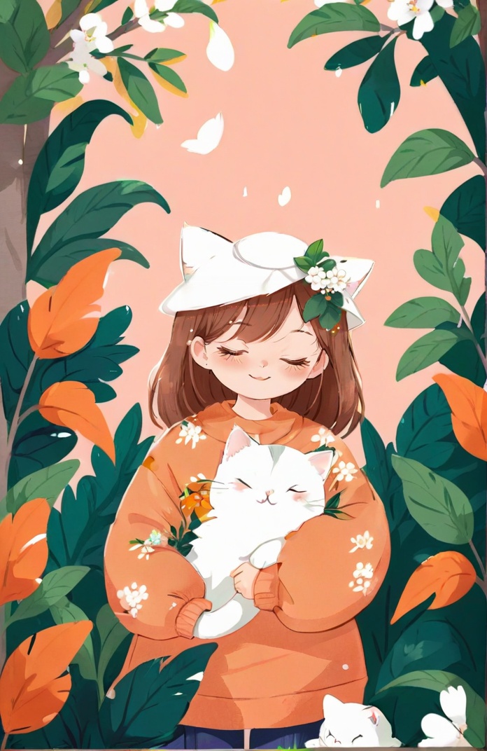 <lora:inset_01-000016:0.8>,Flat illustration,1girl,closed eyes,cat,smile,orange sweater,blush,sweater,hat,white headwear,long sleeves,animal,flower,white flower,upper body,simple background,white cat,solo,leaf,plant,holding animal,brown hair,medium hair,holding,(masterpiece:1.2),best quality,highres,extremely detailed CG,perfect lighting,8k wallpaper,