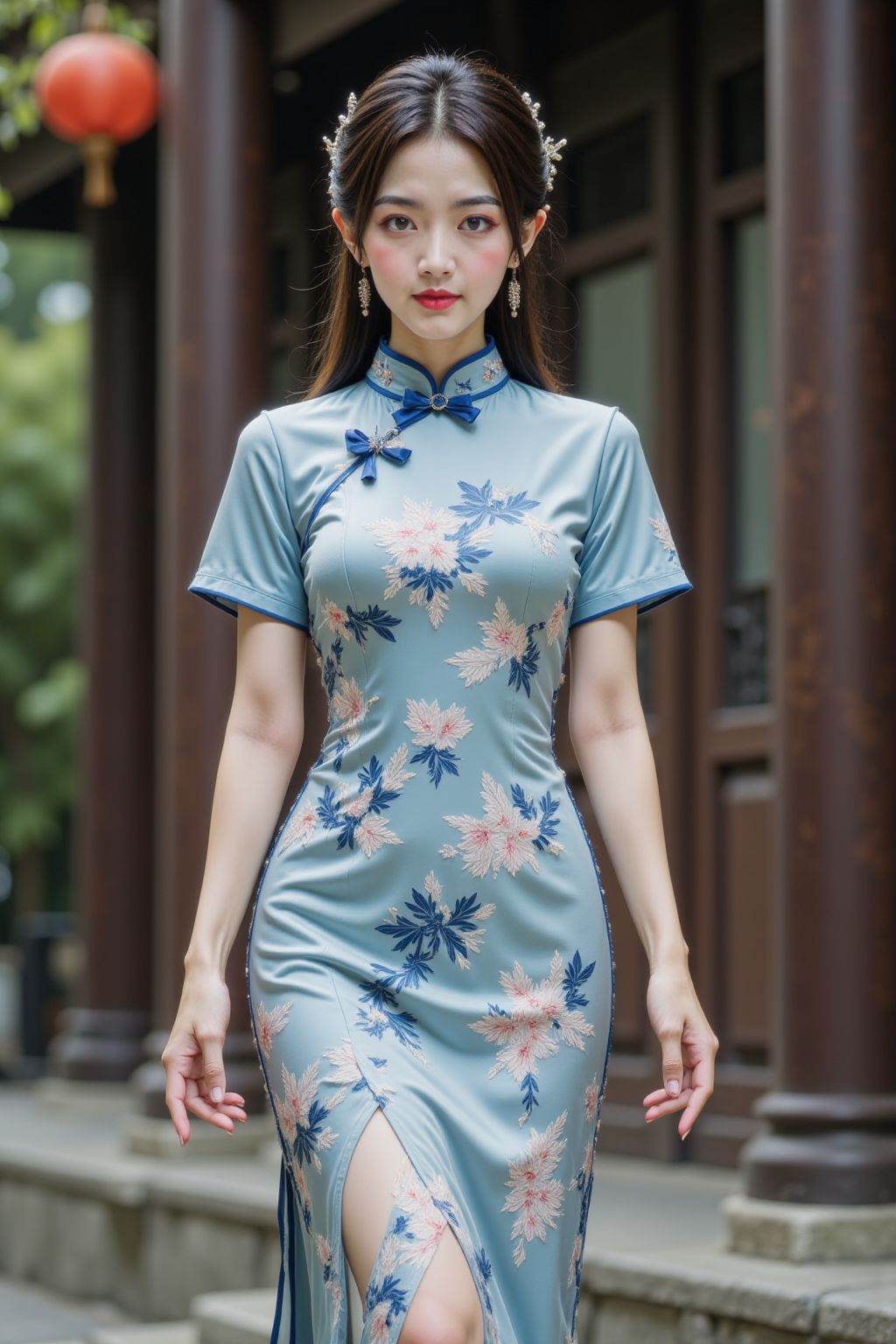 HDR photo of cinematic film still 1girl, solo, large breasts, thin, slim, extremely slim waist, looking at viewer, black hair, dress, brown eyes, jewelry, full body, short sleeves, earrings, outdoors, lower leg, chinese clothes, china dress, realistic, blue cheongsam, cheongsam, high heel shoes, street, road, . shallow depth of field, vignette, highly detailed, high budget, bokeh, cinemascope, moody, epic, gorgeous, film grain, grainy . High dynamic range, vivid, rich details, clear shadows and highlights, realistic, intense, enhanced contrast, highly detailed