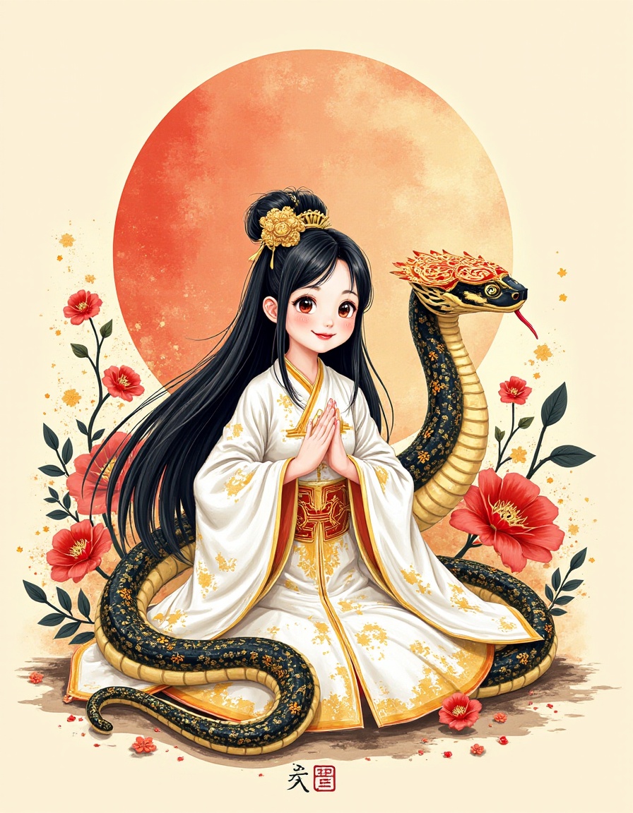 CCNY,chinese ink painting style,splashed ink,line drawing illustrations,2d flat design,anime art,high contrast shadows,strong lines and shapes,This is a  girl taken with a full shot,she wearing a white hanfu with intricate gold patterns and designs,New Year's greeting posture with  both hands,she has long black hair with a gold flower on her head,She smilling and looking at the camera,Behind her is a cute golden and black snake,It has red patterns on its forehead and  It stuck out its red tongue and looking at the camera with round clear eyes,Their bodies  is covered in yellow and gold splatters,There are many  dark red flowers and dark yellow leaves around them,the background is light yellow,There is a red graffiti arc in the middle of the image,and  a large amount of splattered golden and black paint and ink painting like smearing and fluid,