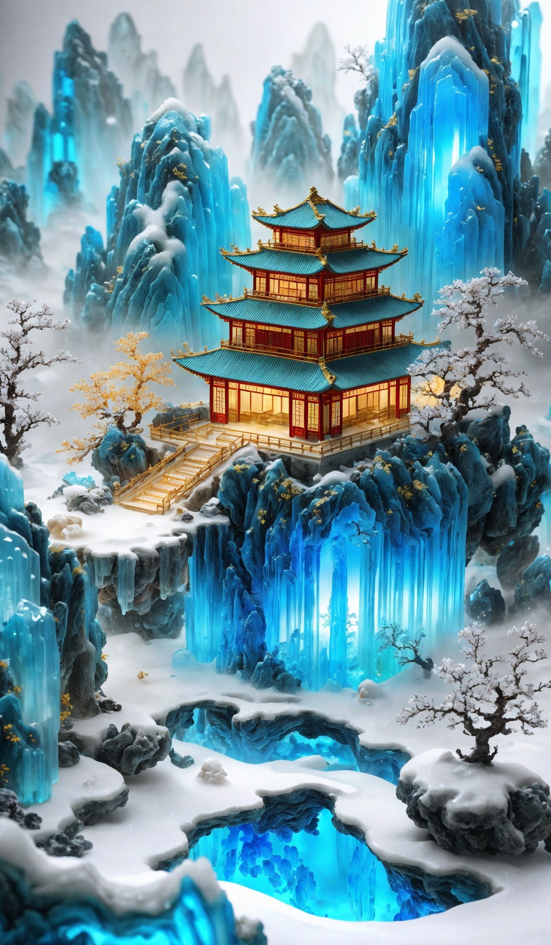 Miniature landscape, Chinese Tang Dynasty landscape painting, Zen aesthetics, Zen composition, Chinese architectural complex, transparent quartz crystal, X-ray crystallography, colored glaze, snow, luminescence, cyan light, ice silk fiber, macro lens, rich light, luminous mountains, mountains, clouds and mist, depth of field, extreme detail, incomparable detail, film special effects, realistic, 3D rendering, fine detail