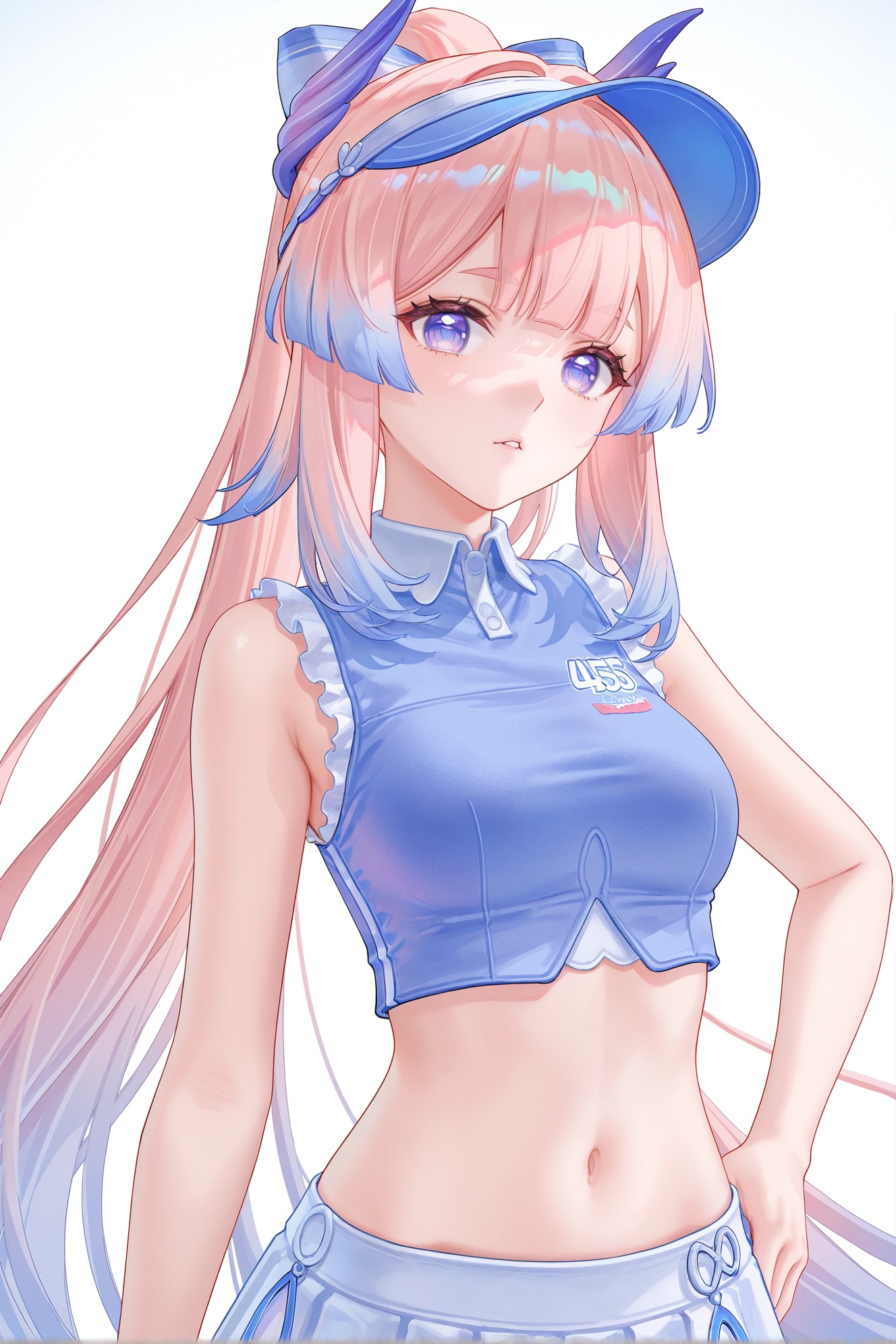 8k,best quality,masterpiece,(ultra-detailed),(high detailed skin),((artist:reoen),(artist:fuzichoco),(artist:atdan),(artist:torino_aqua),year 2024:0.8)1girl,[artist:wlop],[artist:ningen_mame],artist:ciloranko,[[artist:rhasta]],artist:tidsean,colorful,upper body,looking at viewer,(solo:1.2),simple background,(white background:1.2),hand on own hip,(white background:1.1),<lora:xinhai_new-ill-Tanger:0.8>,Sangonomiya Kokomi  /(maidong/),clothes: maidong sportswear,maidong sun visor,1girl,sangonomiya kokomi,navel,midriff,skirt,sidelocks,pink hair,bangs,alternate costume,(Jersey number 455:1.1),