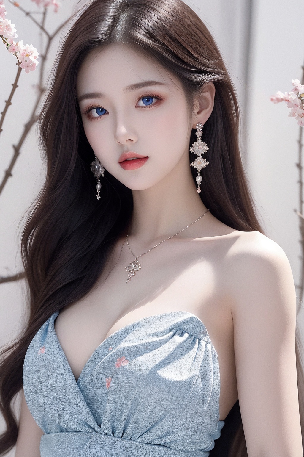 1girl, bare shoulders, blue eyes, bracelet, breasts, cleavage, dress, earrings, floral print, jewelry, long hair, looking at viewer, medium breasts, necklace, solo, very long hair, white hair <lora:美女:0.8>
