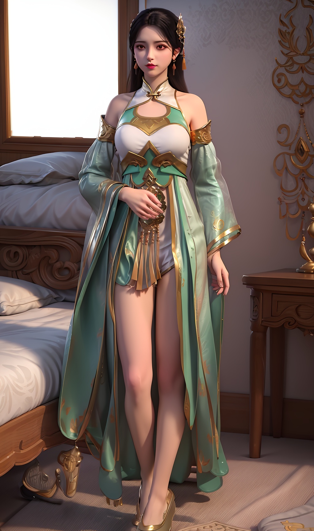 3D,masterpiece,(best quality),(makeup),official art, extremely detailed cg 8k wallpaper,((crystalstexture skin)), (extremely delicate and beautiful),(highly detailed),(face),(tassel),(collar),(gold),,(wide_sleeves),(1girl), (solo), (jewelry), (earrings),(black_hair),(long_hair),(hair_ornament),(handwear),(breasts),(standing),full_body,whole_body,(off-shoulder_dress),(closed_mouth),(long_skirt),(chinese_clothes),(multicolored_clothes),(multicolored_dress),(shiny_clothes),(city,indoor,bed),(gown),(shorts),(long_legs),,((looking_at_viewer)),((Facing the camera)),(shoes), (cloth_shoes),(flat_shoes),, <lora:hipoly3DModelLora_v10:0.3>