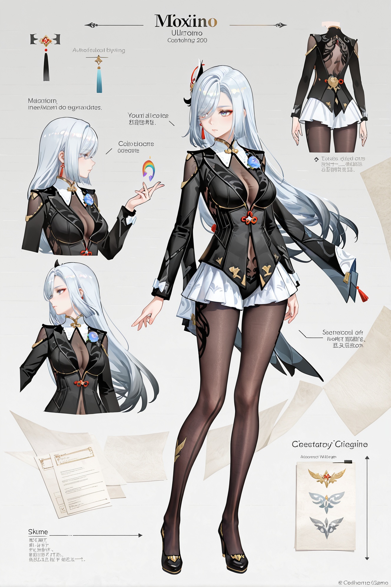 8k,best quality,masterpiece,(ultra-detailed),(high detailed skin),((artist:reoen),(artist:fuzichoco),(artist:atdan),(artist:torino_aqua),year 2024:0.8)1girl,[artist:wlop],[artist:ningen_mame],artist:ciloranko,[[artist:rhasta]],artist:tidsean,colorful,(multiple views),pencil sketch,(sketch:1.25),shy,best quality,graphite \\(medium\\),ske,gradient,rainbow,note,Line draft,highres,absurdres,(ultra-detailed:1.1),(illustration:1.1),(infographic:1.2),(all clothes configuration:1.15),(solo),perfectly drawn hands,standing,cohesive background,paper,action,(character design:1.1),reference sheet,shenhe \(genshin impact\),<lora:yixuan-moxin-ill-Tanger:0.8>,clothes: moxing black suit,white  ruffled underdress peeks,attached auxiliary sleeves,black pantyhose,moxing black suit jacket,