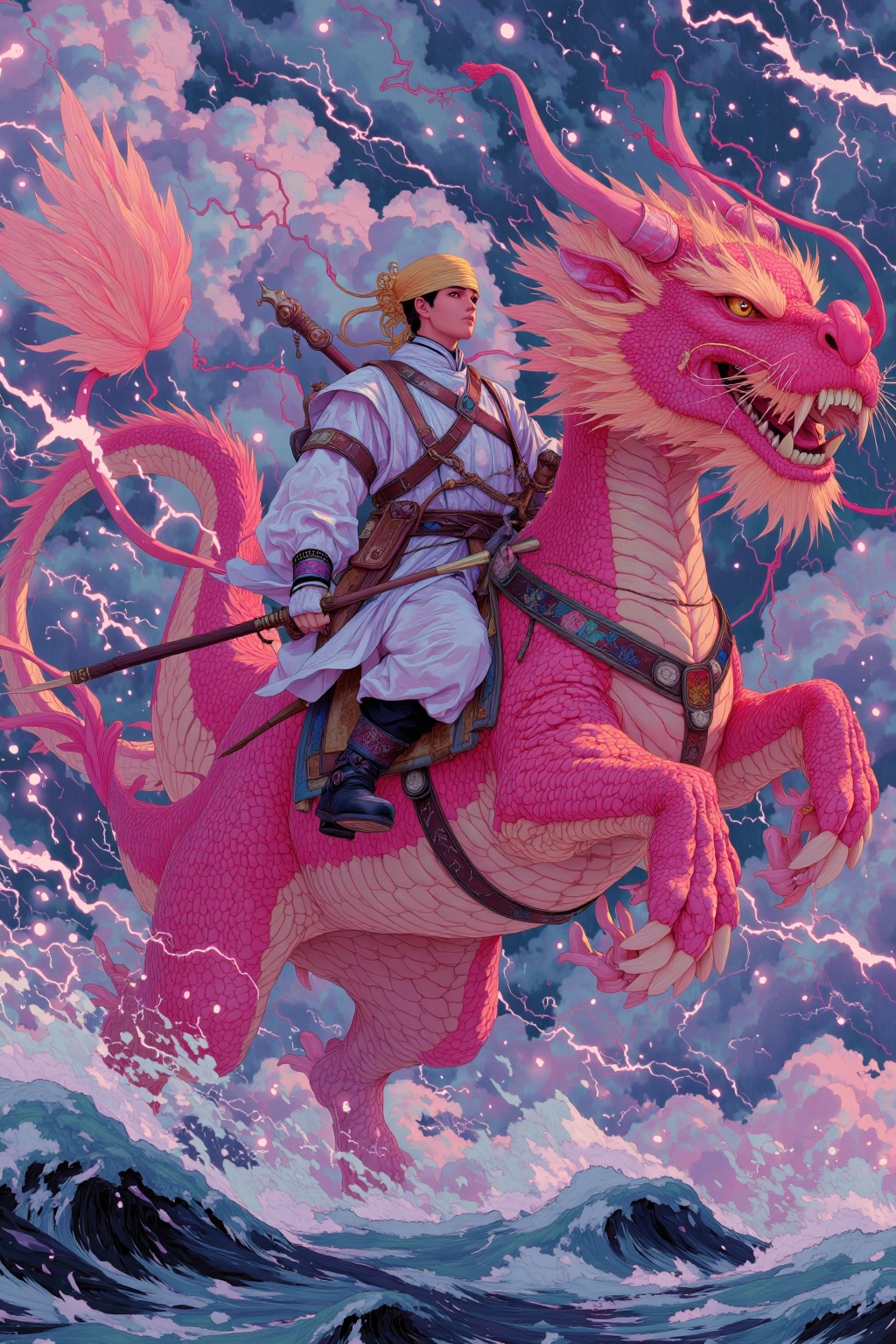 beijihui,Ancient Eastern warrior riding a crimson dragon through a stormy sky,intense motion,mythological fantasy atmosphere,