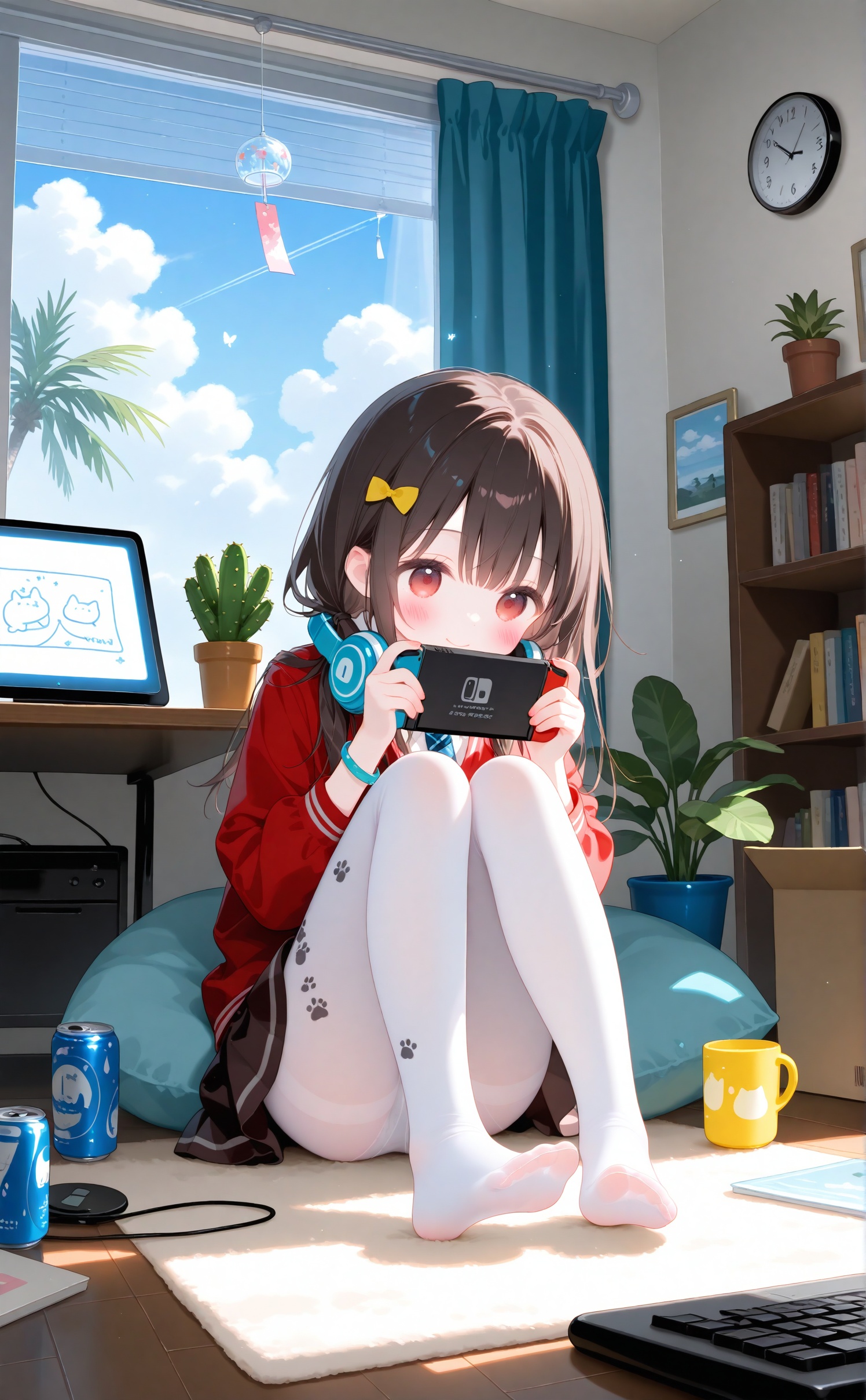 plant,loli,1girl,nintendo switch,potted plant,solo,sitting,no shoes,long hair,pantyhose,indoors,holding,headphones,letterboxed,window,day,skirt,white pantyhose,clock,long sleeves,speaker,tree,thighband pantyhose,brown hair,bow,pleated skirt,sunlight,brown eyes,shirt,desk lamp,red jacket,hanging light,can,soda can,desk,black skirt,sky,hair bow,ceiling light,lamp,handheld game console,monitor,table,chair,book,looking at viewer,light bulb,blue sky,jacket,shelf,brown skirt,striped bow,loaded interior,full body,scenery,flower pot,ribbon,box,soles,star \(symbol\),electric fan,cloud,shade,english text,cable,bottle,miniskirt,curtains,television,print mug,paw print,picture frame,book stack,window blinds,nail polish,artist name,school uniform,controller,black hair,on floor,yellow bow,pillow,drink can,red shirt,hair ornament,cup,heart,radio,feet,bookshelf,blush,game console,closed mouth,knees up,cat,wind chime,hair ribbon,computer,playing games,keyboard \(computer\),analog clock,cactus,cabinet,white shirt,hands up,watermark,ceiling,game controller,drawing \(object\),covered mouth,drawer,cardboard box,red eyes,phone,paint,alarm clock,swivel chair,food,striped necktie,animal,sidelocks,toes,drawing tablet,globe,white thighhighs,fingernails,cloudy sky,holding handheld game console,overgrown,blanket,calendar \(object\),carpet,window shade,jewelry,electrical outlet,bag,whiteboard,wooden floor,depth of field,collared shirt,ball,animal print,upskirt,contrail,bug,wall clock,paper,sticker,underwear,butterfly,bracelet,interior,poster \(object\),headphones around neck,smile,light rays,reflection,legs,print pantyhose,copyright name,glass,panties,palm tree,blurry,digital clock,shadow,heart print,floral print,photo \(object\),