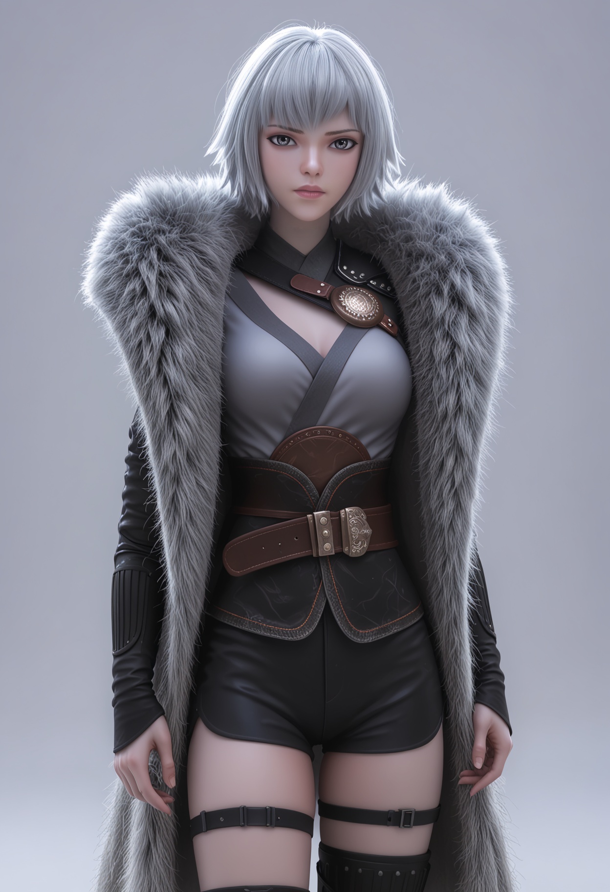score_9,high detail,best quality,cinematic lighting,volumetric lighting,shiny skin,shiny,1girl,solo,armor,thigh strap,grey eyes,breasts,belt,fur coat,short hair,white hair,white background,shorts,simple background,closed mouth,thighhighs,standing,lips,cowboy shot,sheathed,looking at viewer,<lora:QQSponybaiyuekuiV1:0.8>,<lora:Pony_DetailV2.0:0.8>,<lora:皮肤凹痕:0.1>,