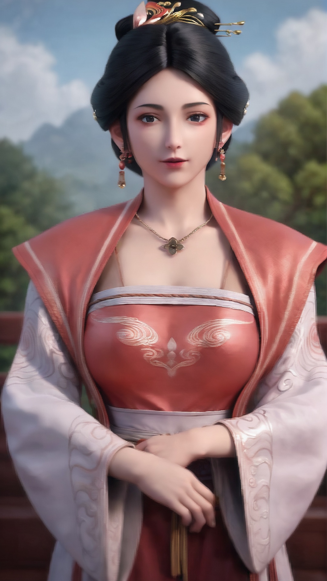 1girl,jewelry,chinese clothes,solo,earrings,black hair,necklace,hanfu,hair ornament,holding,dress,looking at viewer,upper body,realistic,long sleeves,wide sleeves,black eyes,<lora:lora.by_tusi:0.7>,<lora:kong_皮肤纹理V2.0:0.8>,