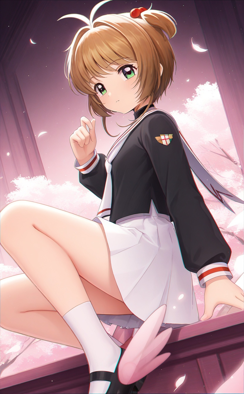 masterpiece,absurdres,best quality,high quality,chromatic_aberration,//,<lora:xiaoying:1>,xiaoying,looking at viewer,1girl,solo,short hair,brown hair,green eyes,antenna hair,tomoeda elementary school uniform,white sailor collar,pleated skirt,white skirt,white socks,wings,mary janes,long sleeves,black shirt,animal ears,