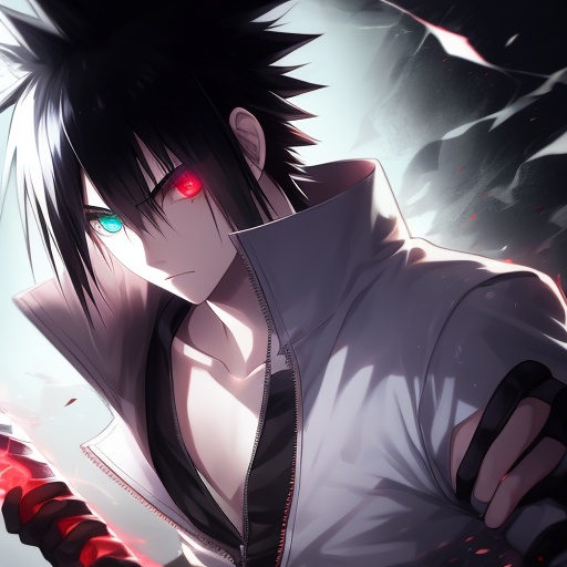 1boy,bangs,black gloves,black hair,closed mouth,collarbone,gloves,glowing,hair between eyes,heterochromia,holding weapon,looking at viewer,male focus,red eyes,shirt,solo,spiked hair,sword,uchiha sasuke,upper body,white shirt,<lora:2.9huoyingsd1.5:0.8>,