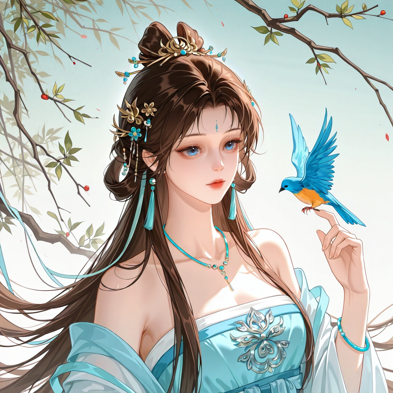 touxiang, 1girl, long hair, bird, upper body, forehead mark, solo, chinese clothes, hair ornament, branch, jewelry, facial mark, blue eyes, brown hair, hanfu, bare shoulders, dress,<lora:touxiang_ill:1>,