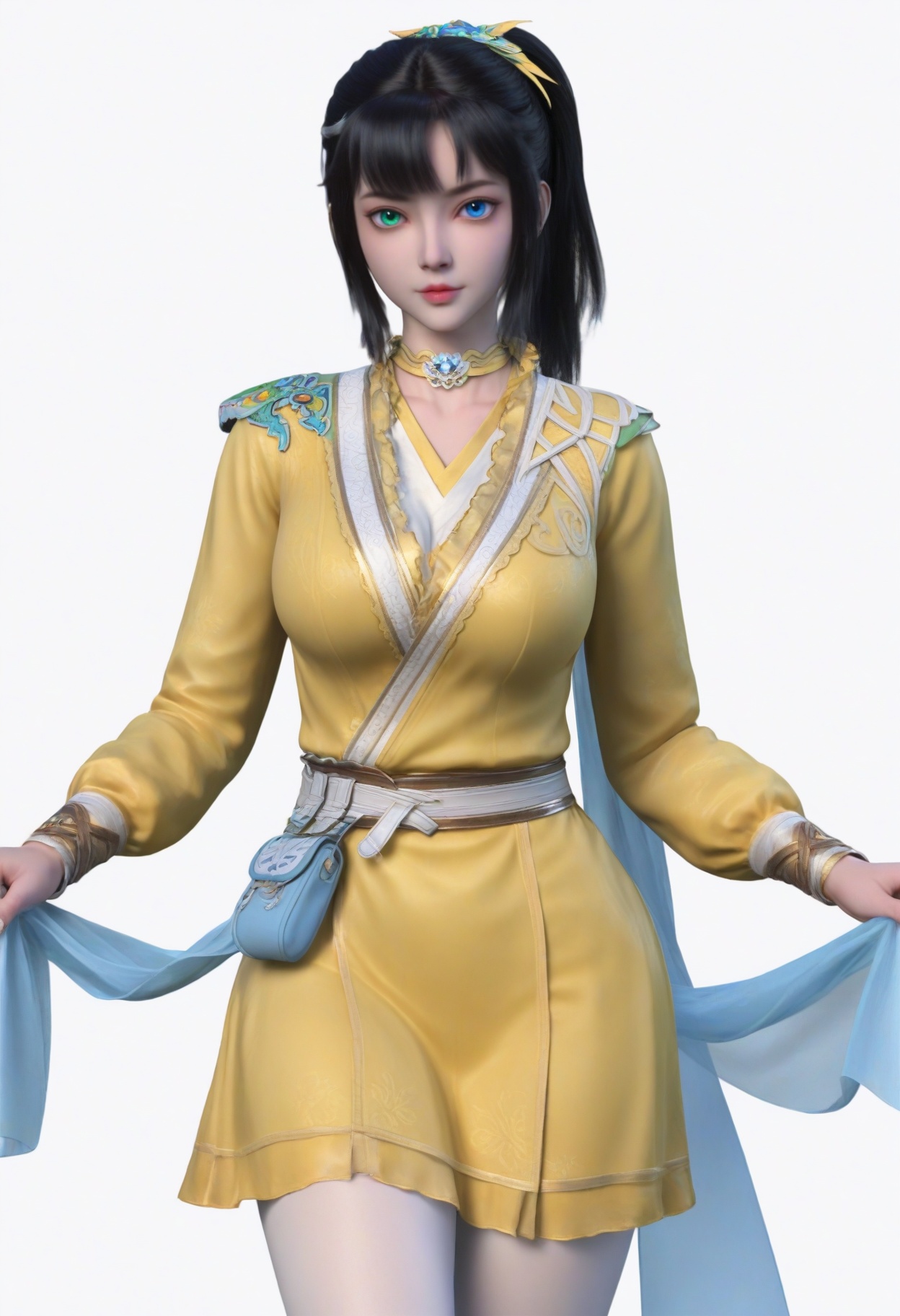 score_9,<lora:SF_SiKongQianLuo_Pony_Realism2.3-000003:0.7>,1girl,solo,bangs,heterochromia,green eyes,blue eyes,black hair,yellow clothes,large breasts,yellow dress,white pantyhose,standing,looking at viewer,white background,