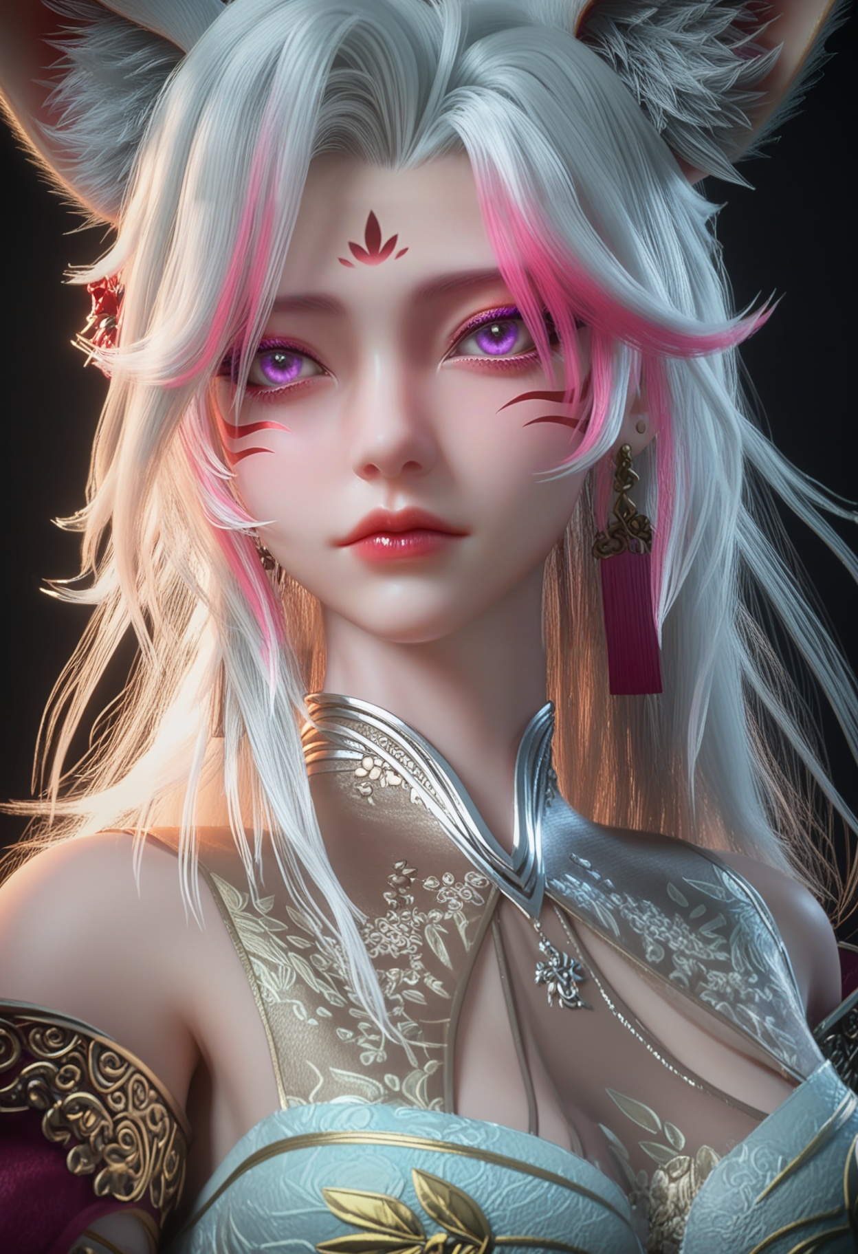 (cowboy shot:1.2),(score_9:1.2),(score_8_up:1.2),(top quality, 8k wallpaper:1.1),(masterpiece:1.1),(best quality:1.2),(intricate details),8k,1girl,facing viewer,(looking at viewer:1.1),<lora:YQ_pony_xiaoli_V4:0.95:lbw=1,1,1,1,1,1,1,1,1,0.8,0.8,0.1>,q1528437228,1girl,solo,long hair,animal ears,facial mark,purple eyes,jewelry,dress,earrings,forehead mark,hair ornament,glowing,high heels,BREAK(score_9:1.2),(score_8_up:1.2),masterpiece,best quality,very aesthetic,perfect anatomy,(hourglass),perfect face,(simple background,pure black background,black background:1.1),(fair_skin:1.1),(shiny_skin:1.2),(Ivory_skin:1.1),