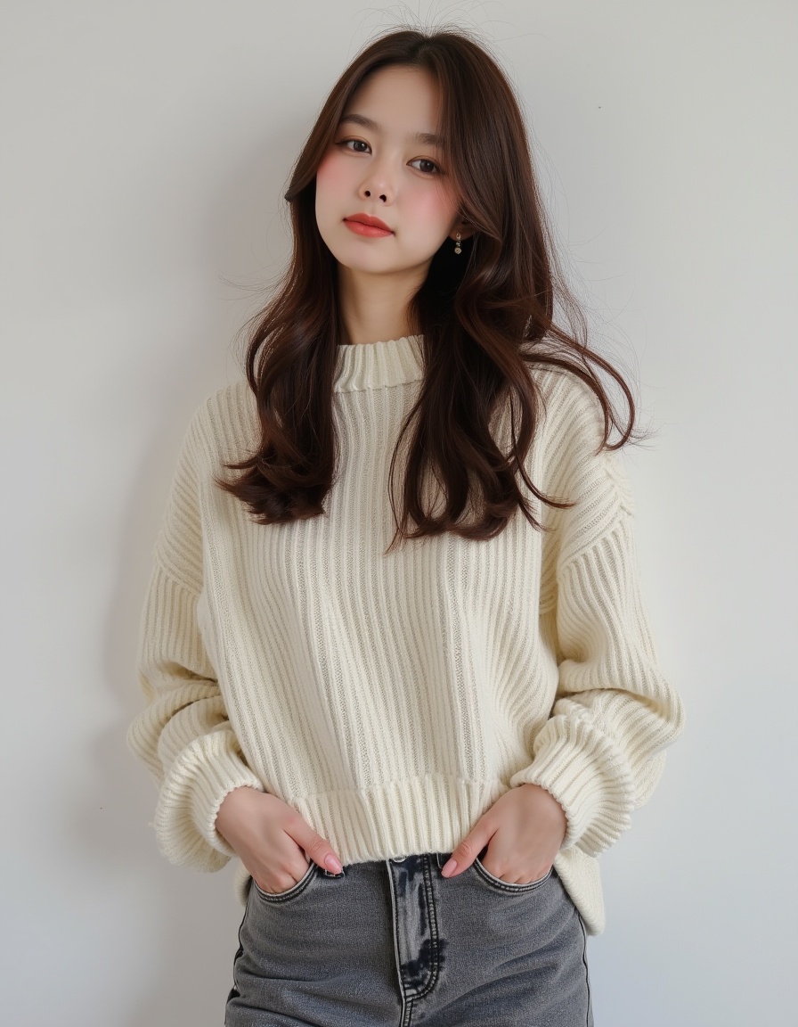 a real picture of a south korea woman,she wears knit sweater,grey_jeans,.,