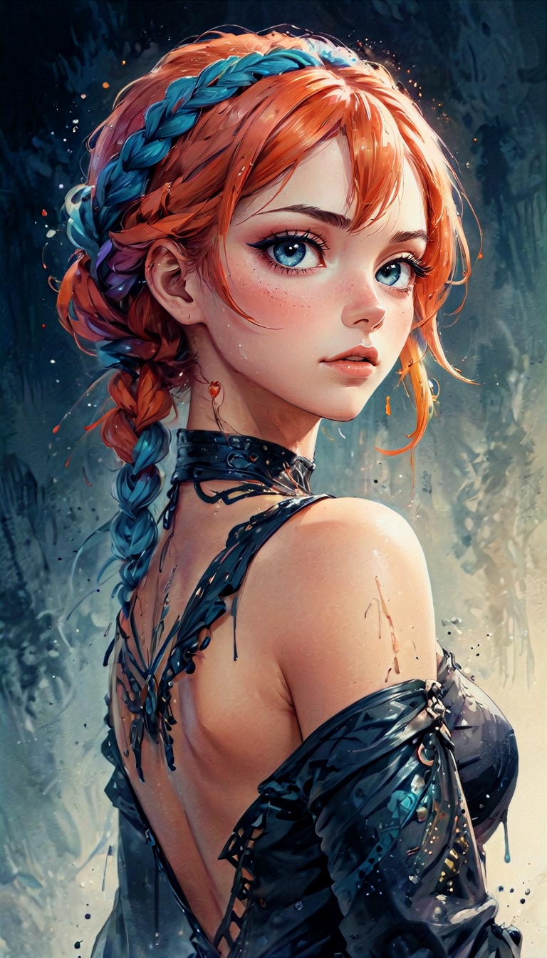 a woman with colored braided hair,  painting style karol bak uhd,  beautiful fantasy artistic drip on Tensor.Art