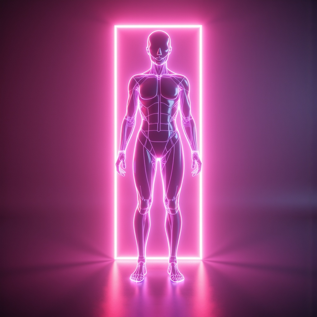 arafed image of a man standing in a neon light,ash thorp,cgsociety 9,3 d render of a full female body,glowing neon vray,Mike Winkelmann,greg beeple,xparticles,gynoid body,octane render : :,full body cgsociety,beeple art,beeple masterpiece,digital human,beeple |,futuristic robot body,3d render of a man's body,rendred in redshift,wlop : : 6 octane render : :3,full body 8k,physicality-based render,3 d sculpture 8 k octane render,3 d neon art of a womens body,quality astral projection render,symetric body,beeple and mike winkelmann,cinematic beeple,3 d geometric neon shapes,dmt imagery. octane render,glowing neon skin,beeple artwork,octane render aesethic,beeple global illumination,