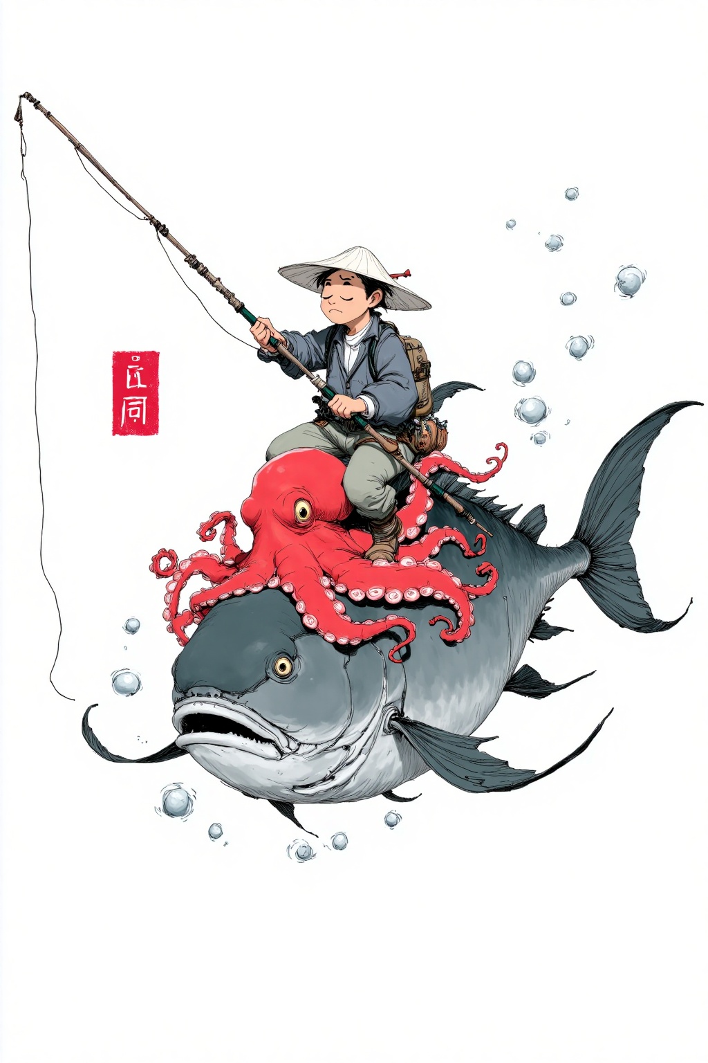 beijihui,A cartoon drawing of a man riding a large gray fish. The man is holding a fishing rod in his right hand. He is wearing a white hat on his head. The fish has a gray body and a gray tail. There is a red octopus on the fish's back. The octopus has a black beak and a red mouth. There are small white bubbles floating around the fish. To the left of the fish is a small red square with Chinese characters on it.