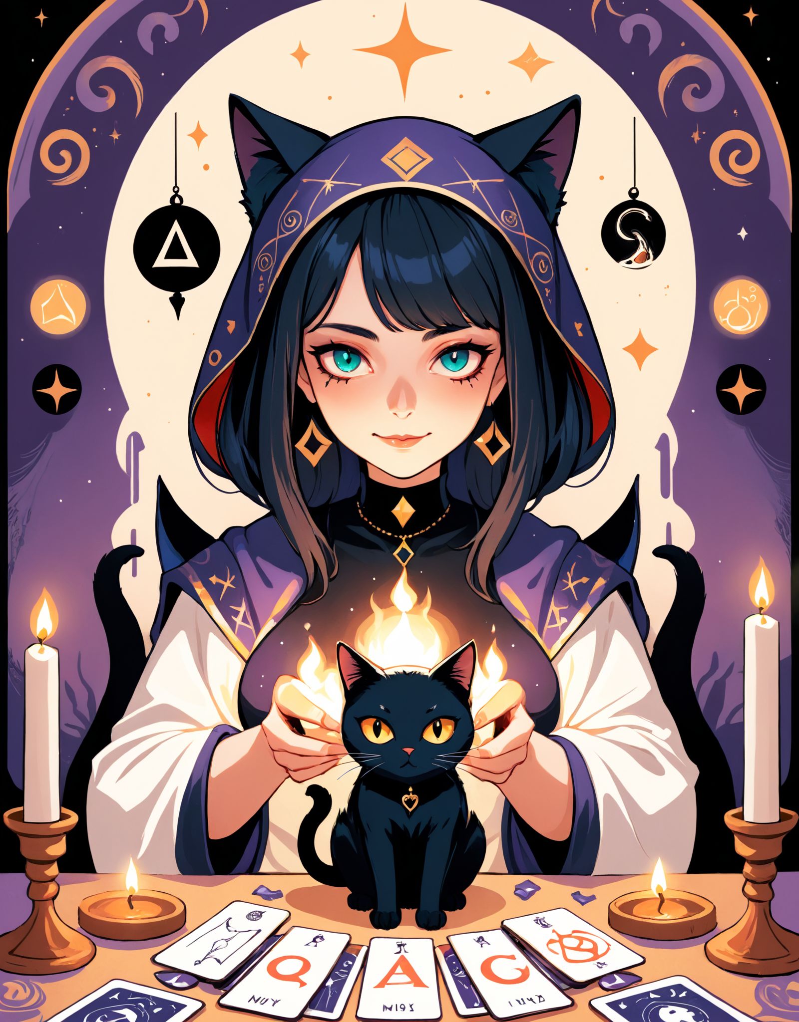 Image type:Illustration An enigmatic fortune teller using cardboard for Tarot reading,  surrounded by flickering candles a...
