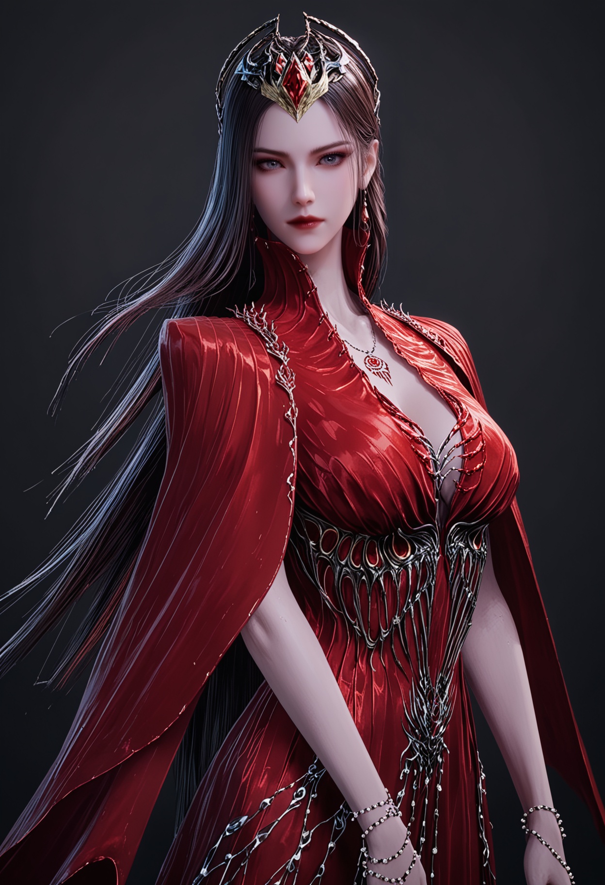 score_9,looking_at_viewer,upper body,(large breasts:0.8),yexishui,1girl,solo,long hair,jewelry,red dress,dress,brown hair,closed mouth,realistic,hair ornament,earrings,cape,grey eyes,necklace,bracelet,red lips,high heels,(simple background,pure black background,black background:1.1),perfect_anatomy,<lora:QQSponyyexishuiV1:0.8>,