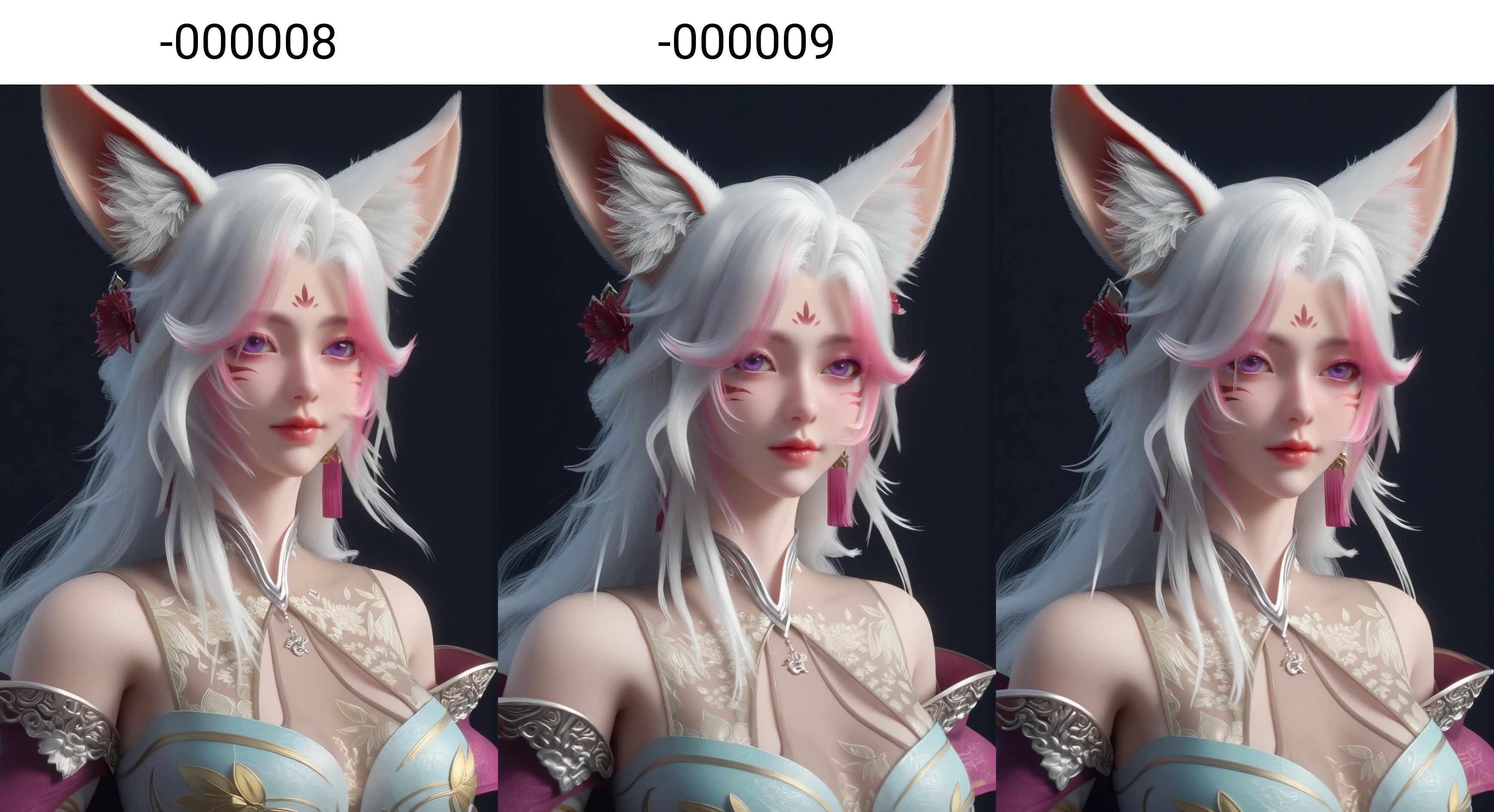 (score_9),<lora:Sfox-apony-000008:0.83>,sfox,1girl,solo,purple eyes,fox ears,streaked hair,animal ear fluff,long hair,white hair,facial mark,forehead mark,hair flower,jewelry,see-through cleavage,dress,<lora:Expressive_H-000001:0.8>,light blush,front view,looking at viewer,upper body,mature female,collarbone,pointy breasts,puffy breasts,cleavage,see-through cleavage,<lora:e肤色滑块:0.35>,fair_skin,(pale_skin),(white_skin),light skin,ultra-detailed skin texture,detailed textures,BREAKsimple background,black background,