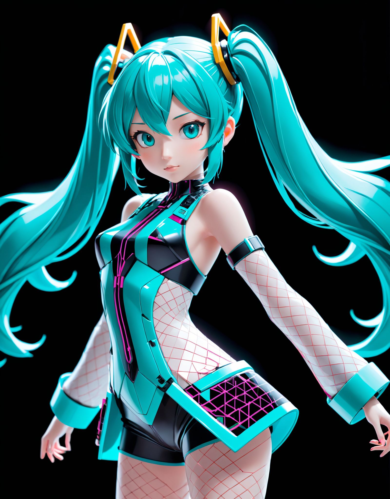A wireframe illustration of Hatsune Miku,  capturing her iconic pose and vibrant hair color with geometric precision,  hig...