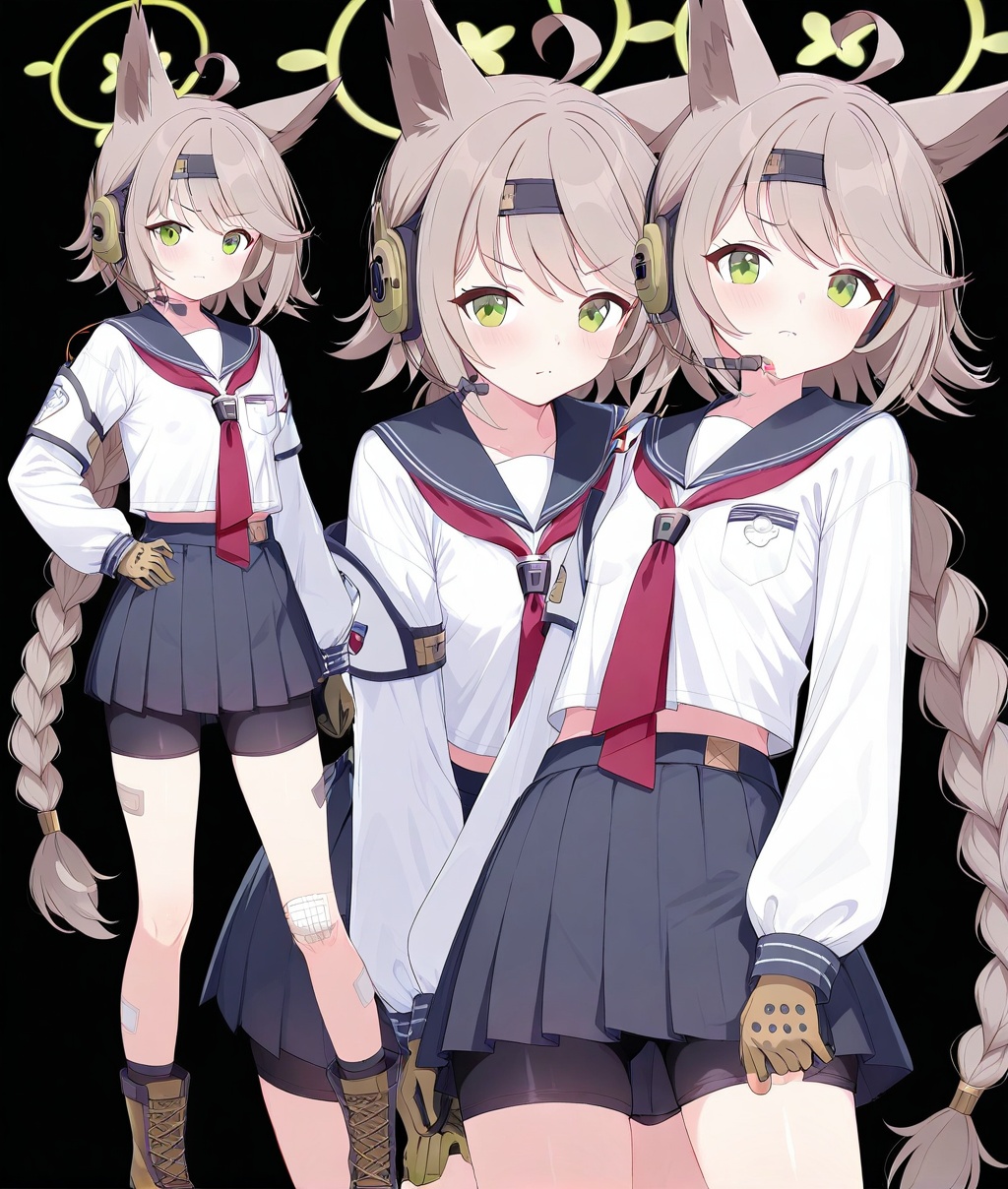 O,ultra detailed anime texture,Otogi(blue archive),Otogi(blue archive),1girl, solo, green eyes, bandaid, animal ears, skirt, boots, full body, ahoge, gloves, halo, school uniform, serafuku, black background, braid, long sleeves, simple background, looking at viewer, sailor collar, bandaid on leg, brown footwear, brown hair, pleated skirt, long hair, bangs, standing, shorts, bandaid on knee, cross-laced footwear, single braid, bike shorts, brown gloves, closed mouth, shirt, neckerchief, very long hair,(UHD),accurate,super detail,award winning,high quality,best quality,high details,textured skin,anatomically correct,retina,HD,16k,