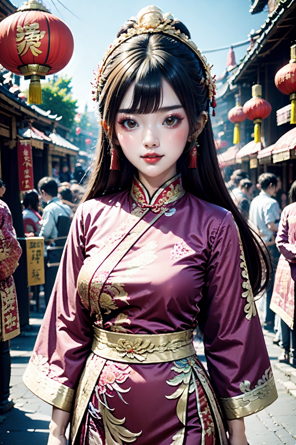<lora:ChineseNewYear:0.6>, chinese new year, girl, (smirk:0.2), long hair, arms at sides, red chinese clothes, paper lantern, 