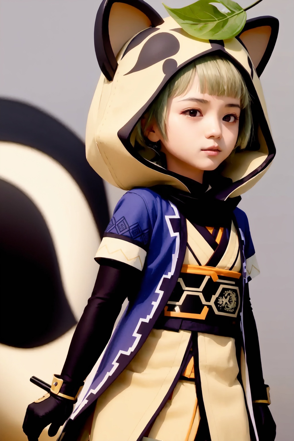 sayu_(genshin_impact),1girl,solo,short_sleeves,simple_background,fake_tail,raccoon_tail,looking_at_viewer,leaf_on_head,black_gloves,fingerless_gloves,animal_hood,japanese_clothes<lora:sayu_(genshin_impact):1>,simple background,white backgroundmasterpiece,best quality, highly detailed, 