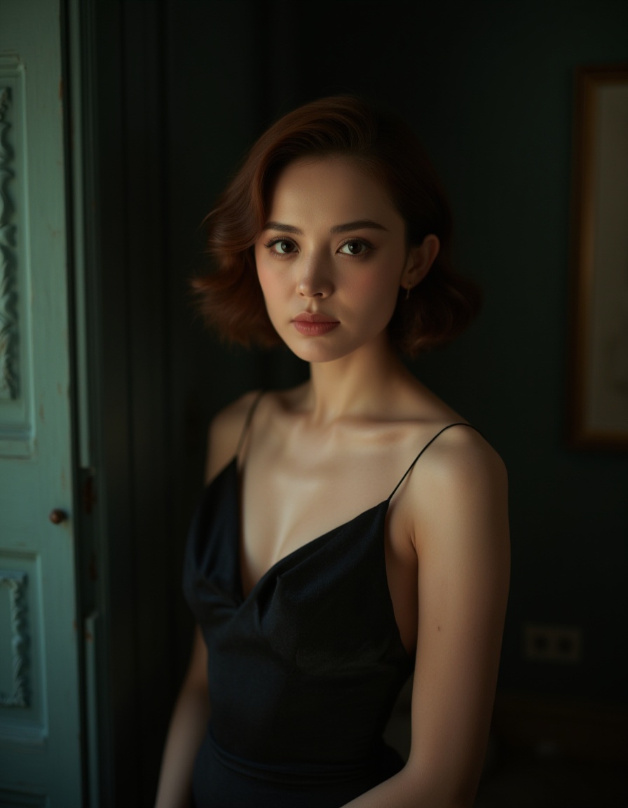portrait of a woman,retro style,elegant dress,soft lighting,high resolution,professional grade,RAW photography,evocative composition,Cinematic Lighting,moody lighting,perfect eyes,depth of field,virtual background,eyes focus,