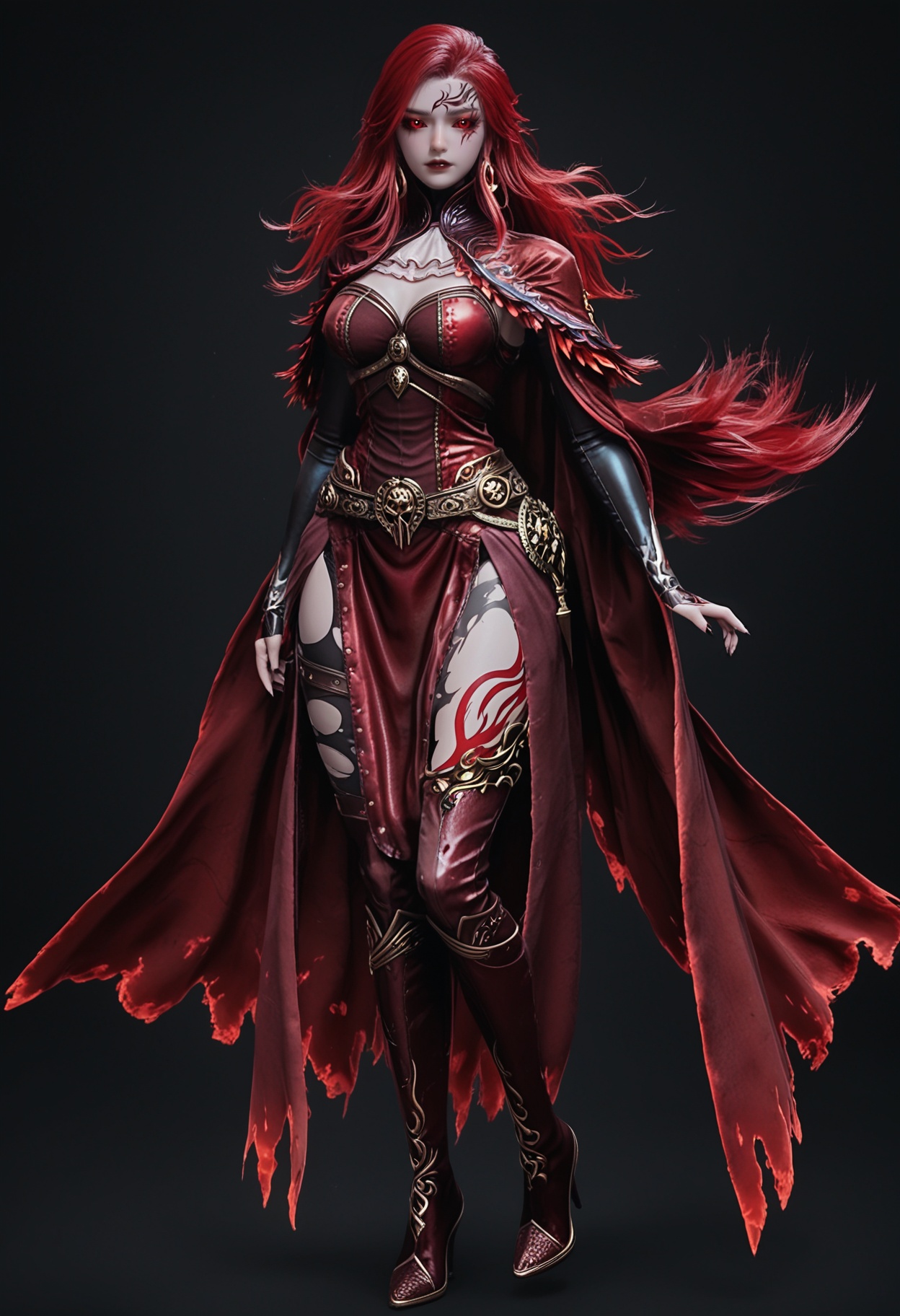 (cowboy shot:1.2),score_9,score_8_up,masterpiece,(best quality),intricate details,facing viewer,(looking at viewer:1.1),<lora:YQ_pony_maxiaotao_fuzhang2_V4:0.8>,q1528437228,1girl,solo,long hair,red hair,red eyes,dress,cape,belt,boots,jewelry,red dress,thighhighs,earrings,colored sclera,black sclera,high heels,torn clothes,tattoo,red cape,ascot,brown eyes,facial mark,gloves,armor,glowing eyes,red sclera,thigh boots,high heel boots,white ascot,black footwear,BREAK(score_9:1.2),(score_8_up:1.2),masterpiece,best quality,very aesthetic,perfect anatomy,(hourglass),perfect face,(simple background,pure black background,black background:1.1),fair_skin,(shiny_skin:1.1),Ivory_skin,