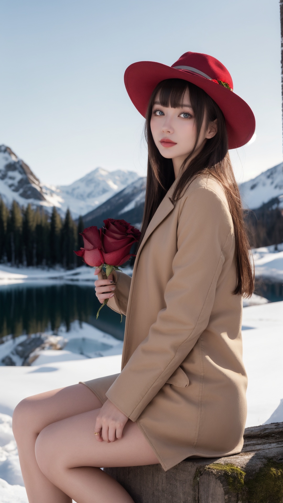 masterpiece,best quality,winter,snow field,1girl,bangs,blue eyes,blunt bangs,brown hair,fruit,full body,hat,long hair,looking at viewer,red flower,red rose,rose,sitting,solo,sky,sun,mountain,forest,lake,
