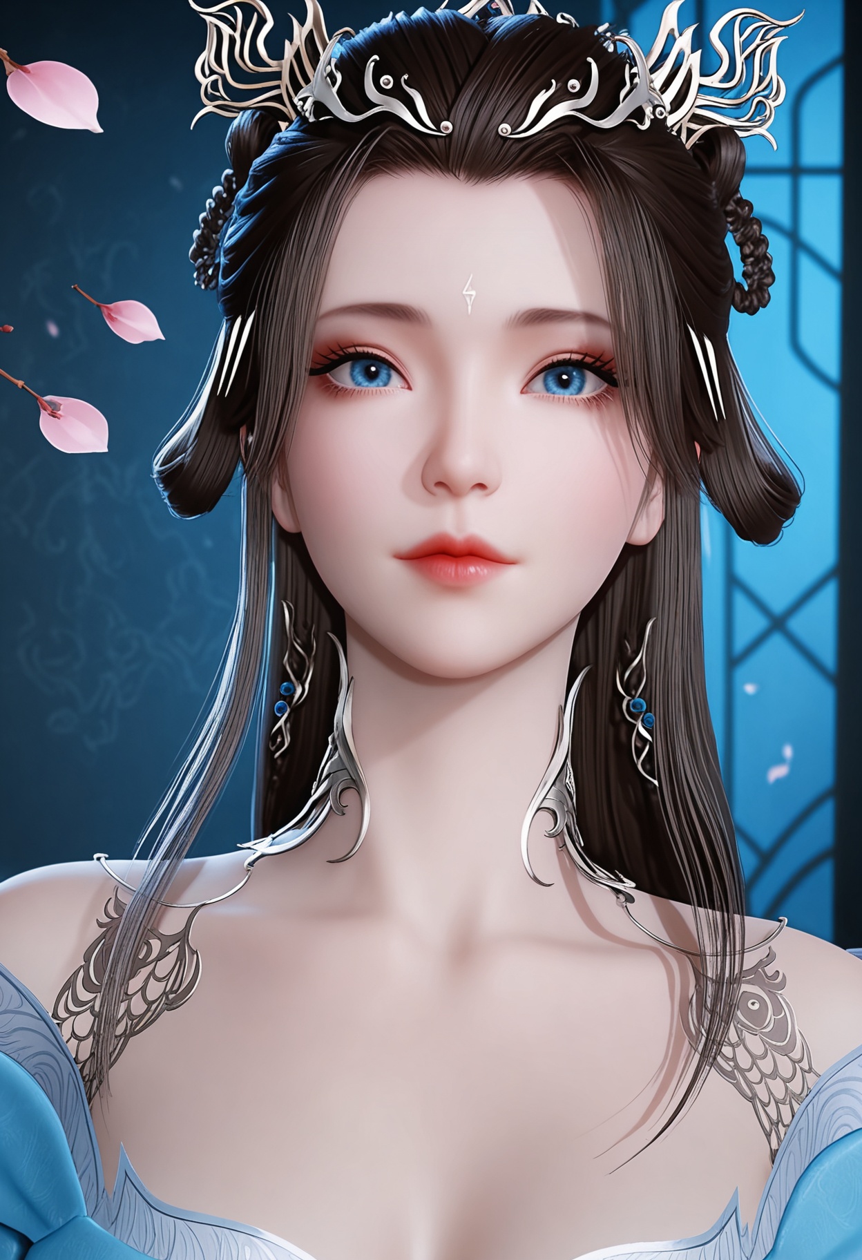 (upper_body:1.2),(gigantic breasts:0.7),(looking at viewer:1.1),facing viewer,direct gaze,(masterpiece:1.1),(best quality:1.2),(intricate details),(smog:1.3),(Dark room:1.3),(dim lighting:1.3),peach blossom,falling petals,<lora:YQ_Illustrious光辉v5_侯烟岚_V1:0.8>,1girl,q1528437228,solo,long hair,hair ornament,dress,black hair,jewelry,blue eyes,hair rings,hair bun,earrings,forehead mark,brown hair,bracelet,masterpiece,(best quality),(intricate details:0.9) BREAK (intricate details:0.9),(realistic skin:1.2),masterpiece,best quality,newest,absurdres,hiahres,