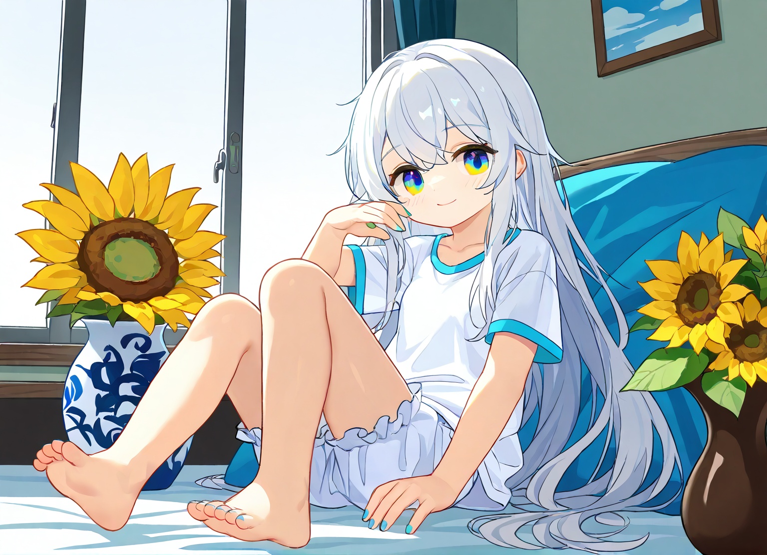 1girl,solo,flower,long hair,yellow flower,multicolored eyes,window,blue nails,nail polish,sunflower,looking at viewer,barefoot,sitting,smile,shirt,blue eyes,white shirt,short sleeves,toenails,toenail polish,very long hair,bloomers,white hair,indoors,vase,feet,aqua nails,closed mouth,toes,