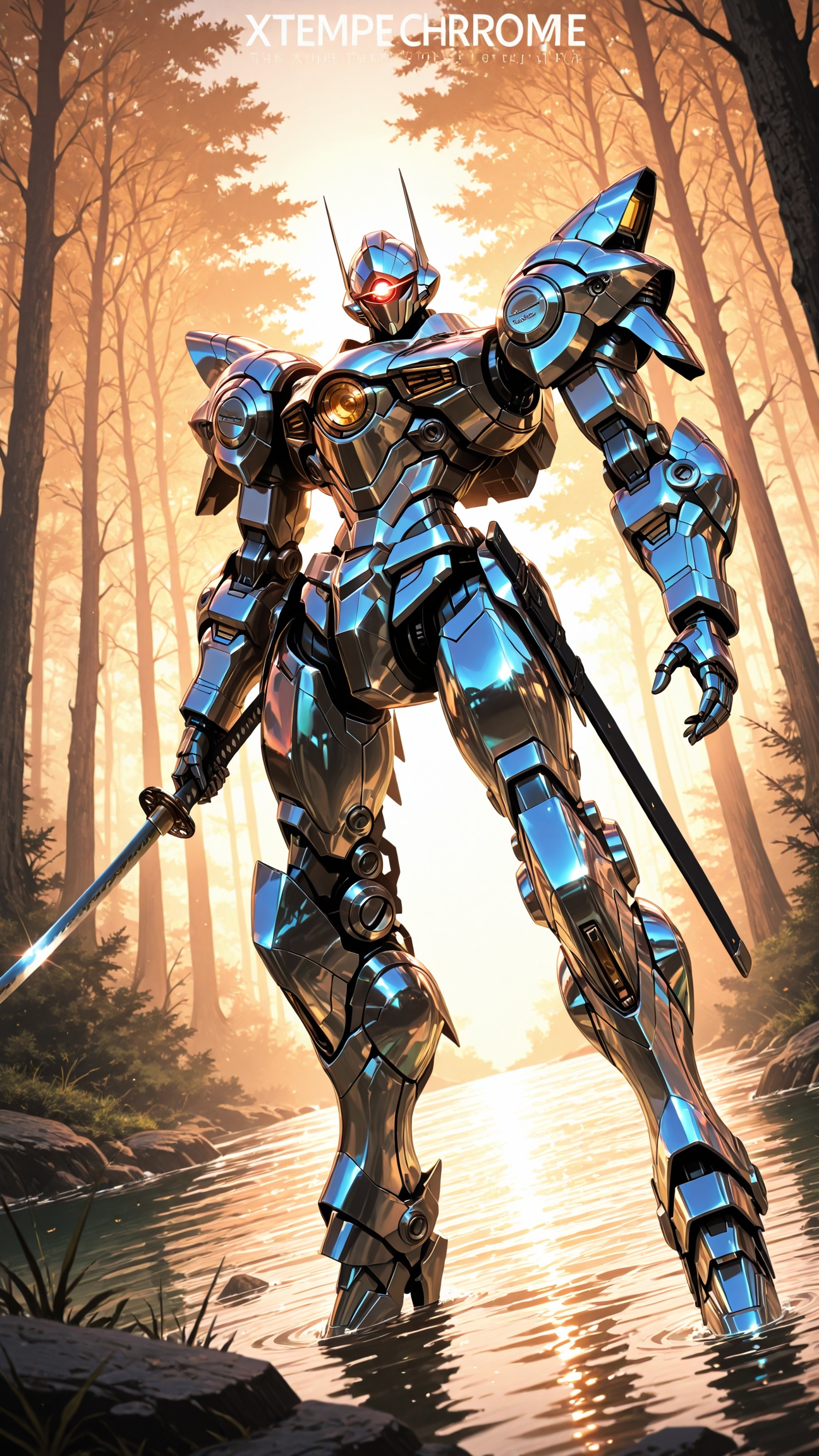 XURE Chrome plated material,solo,holding,weapon,sword,water,holding weapon,tree,no humans,glowing,holding sword,katana,robot,nature,mecha,wading,forest,science fiction,open hand,glowing eye,one-eyed,,Chrome plated material,concept art,highly detailed,ultra-high resolution,32K UHD,sharp focus,best-quality,masterpiece,golden hour,unconventional supreme masterpiece,masterful details,temperate atmosphere,with a high-end texture,in the style of fashion photography,magazine cover,Dynamic Angle,Dynamic posture,
