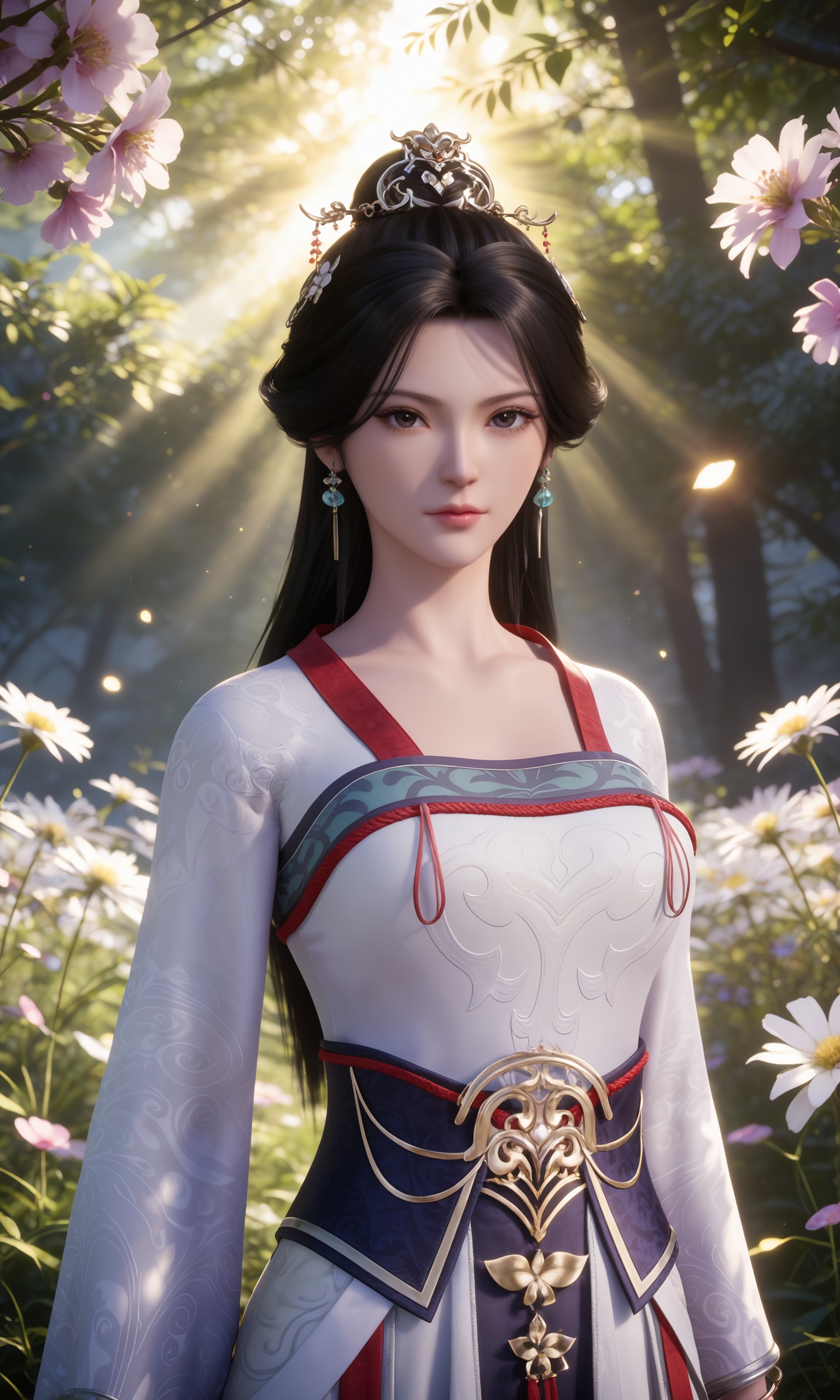 upper body,dappled sunlight,flower,looking at viewer,sunlight,upper body,<lora:不死不灭-司徒明月-白衣:0.7>,1girl,long hair,black hair,hair ornament,earrings,chinese clothes,white dress,long sleeves,bracelet,sash,jewelry,shoes,