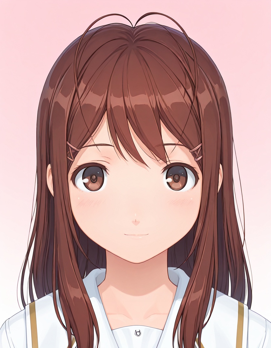 masterpiece, best quality, amazing quality, gradient background,1girl, looking at viewer, solo, upper body, portrait, straight-on, close-up, light smile,<lora:yuumi_hoshino-kimikiss_pure_rouge_s1-ixl-anime-soralz:1>, yuumi hoshino (kimikiss pure rouge), long hair, antenna hair, hairclip, sidelocks, brown eyes,school uniform, white serafuku, white sailor collar