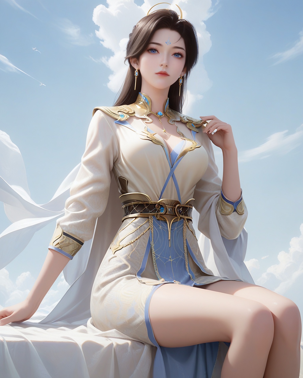 score_9,score_8_up,score_7_up,1girl,long hair,breast,medium breast,earrings,hair_ornament,dress,blue eyes,forehead_mark,<lora:wy_weiwei_XL7.0:0.8>,thick_thighs,sitting,simple background,heaven,