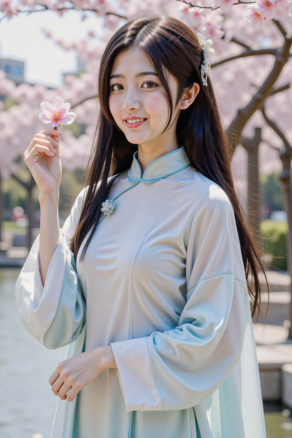 This is a high-resolution photograph featuring a young Asian woman standing in a serene outdoor setting, likely a garden or park, during springtime. She is dressed in a traditional Chinese qipao, a long, flowing gown with a high collar and wide sleeves. The gown is made of a soft, pastel blue fabric with a subtle gradient, transitioning from a pale blue at the top to a deeper, more vibrant blue at the bottom. The sleeves are long and loose, with white linings that add a touch of contrast.The woman has long, straight black hair, styled with a traditional hairpin, and she wears a gentle, natural smile. She holds a single peach blossom petal in her right hand, delicately lifting it towards her face. The background showcases a serene pond with gently rippling water, and the surrounding area is adorned with blooming cherry blossom trees, their branches laden with soft flowers. The sky above is clear and bright, suggesting a sunny day. The overall atmosphere of the photograph is calm, peaceful, and full of natural beauty, enhanced by the soft pastel colors and the delicate textures of the fabric and peach blossoms.