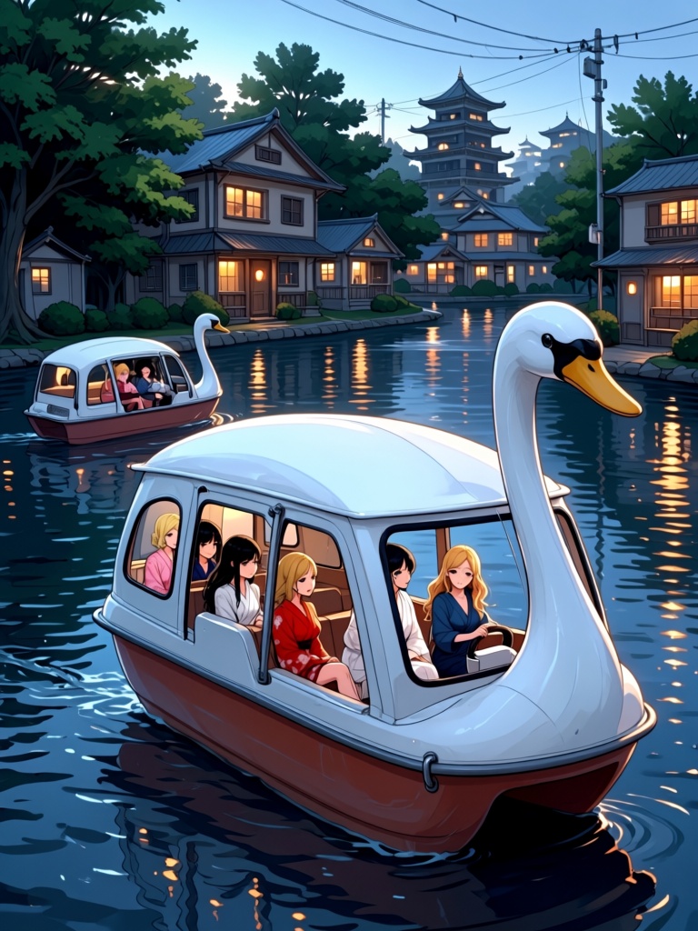 swan watercraft,  steering wheel,  multiple girls on Tensor.Art