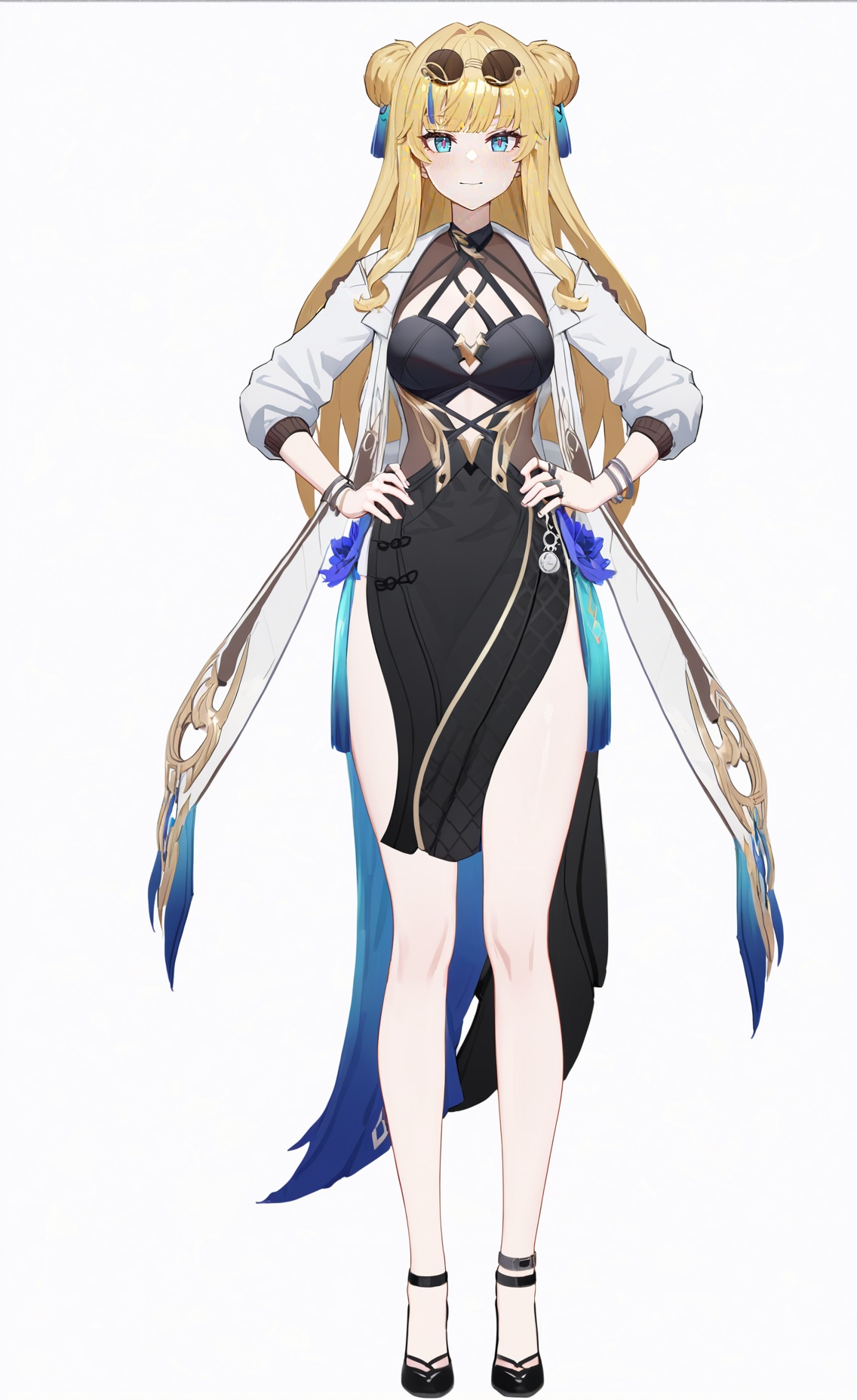 8k, best quality, masterpiece, (ultra-detailed), (high detailed skin), (white background:1.3), (full body:1.25), (white background), standing, looking at viewer, (solo), hands on hips, <lora:songque-A3-Tanger-000013:0.8>, songque, def clothes, youfang, 1girl, blonde hair, long hair, breasts, jewelry, double bun, blue eyes, ring, black skirt, high heels, white jacket, eyewear on head, sunglasses, (beautiful_face), ((intricate_detail)), clear face, ((finely_detailed)), fine_fabric_emphasis, ((glossy)), full_shot, 