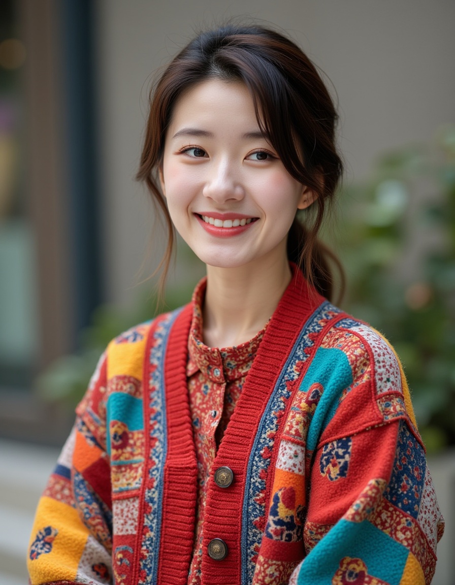 a real picture of a south korea woman,In colorful Patchwork cardigan,