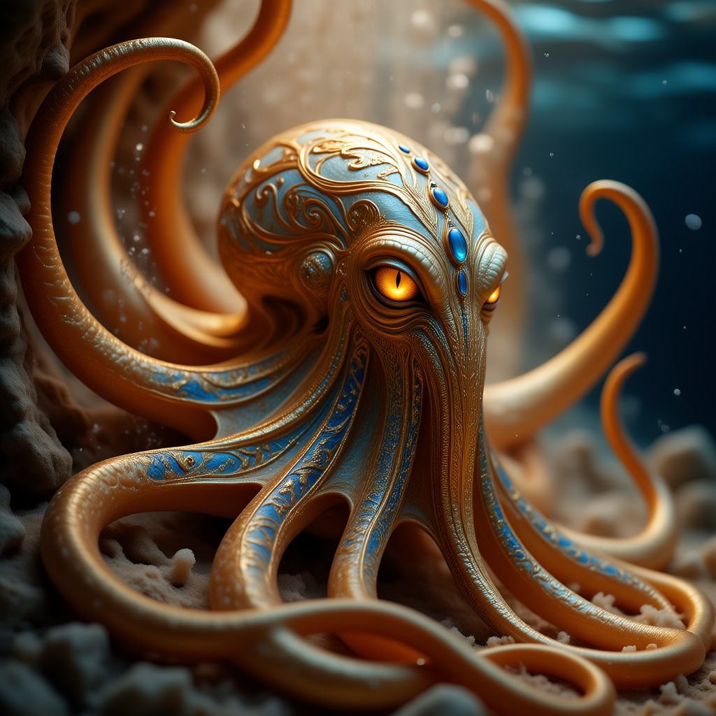 intricatedetails This is a highly detailed,  digital CGI artwork of a fantastical golden octopus with intricate,  ornate p...