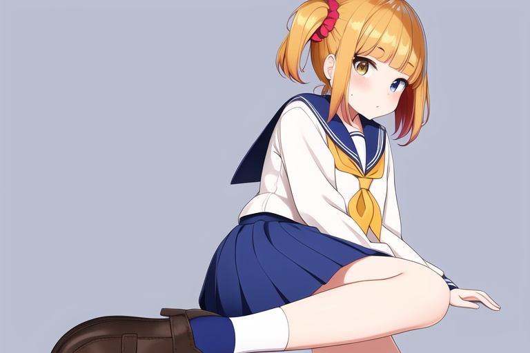 Popuko, pipimi, popuko, bow, brown footwear, school uniform, hair bow, hair scrunchie, yellow eyes, scrunchie, skirt, serafuku, hair ornament, shoes, simple background, blue eyes, blue hair, blue skirt, bangs, sidelocks, shirt, holding, neckerchief, long hair, red bow, sitting, sailor collar, two side up, white shirt, red neckerchief, blunt bangs, socks, short hair, orange hair, blue sailor collar, yellow scrunchie, white outline, long sleeves