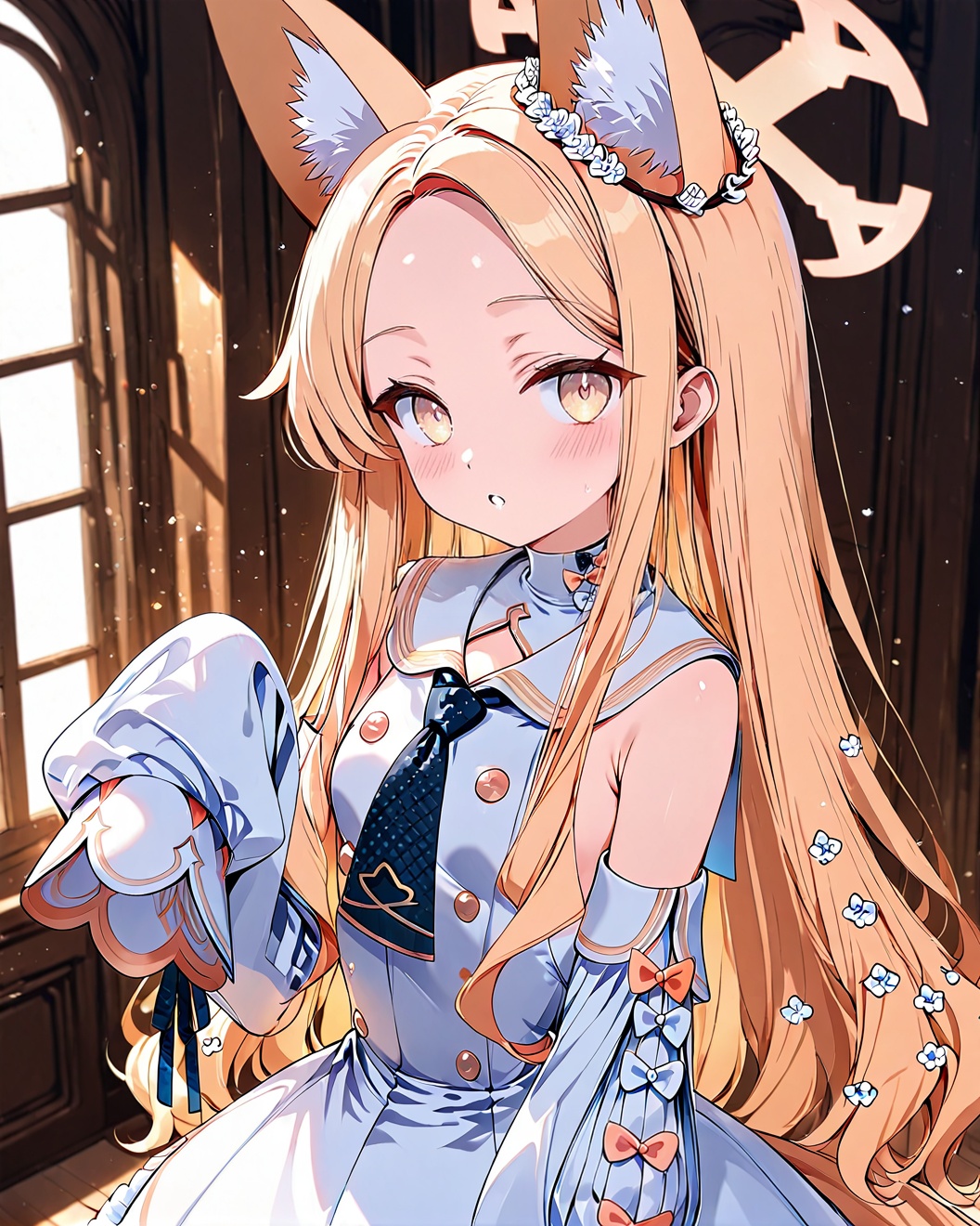 O,seia\(blue_archive\), 1girl, solo, animal ears, dress, blonde hair, long hair, white dress, necktie, flower, parted bangs, halo, looking at viewer, very long hair, yellow eyes, forehead, sleeves past wrists, sleeves past fingers, fox ears, detached sleeves, hair flower, animal ear fluff, hair ornament, parted lips, blush, bangs, sleeveless, sleeveless dress, bow, long sleeves, short necktie, hand up, sailor collar, blue necktie, bare shoulders, white flower, frills, frilled dress,(UHD),anatomically correct,accurate,textured skin,super detail,high details,award winning,best quality,high quality,retina,HD,16k,1080P,